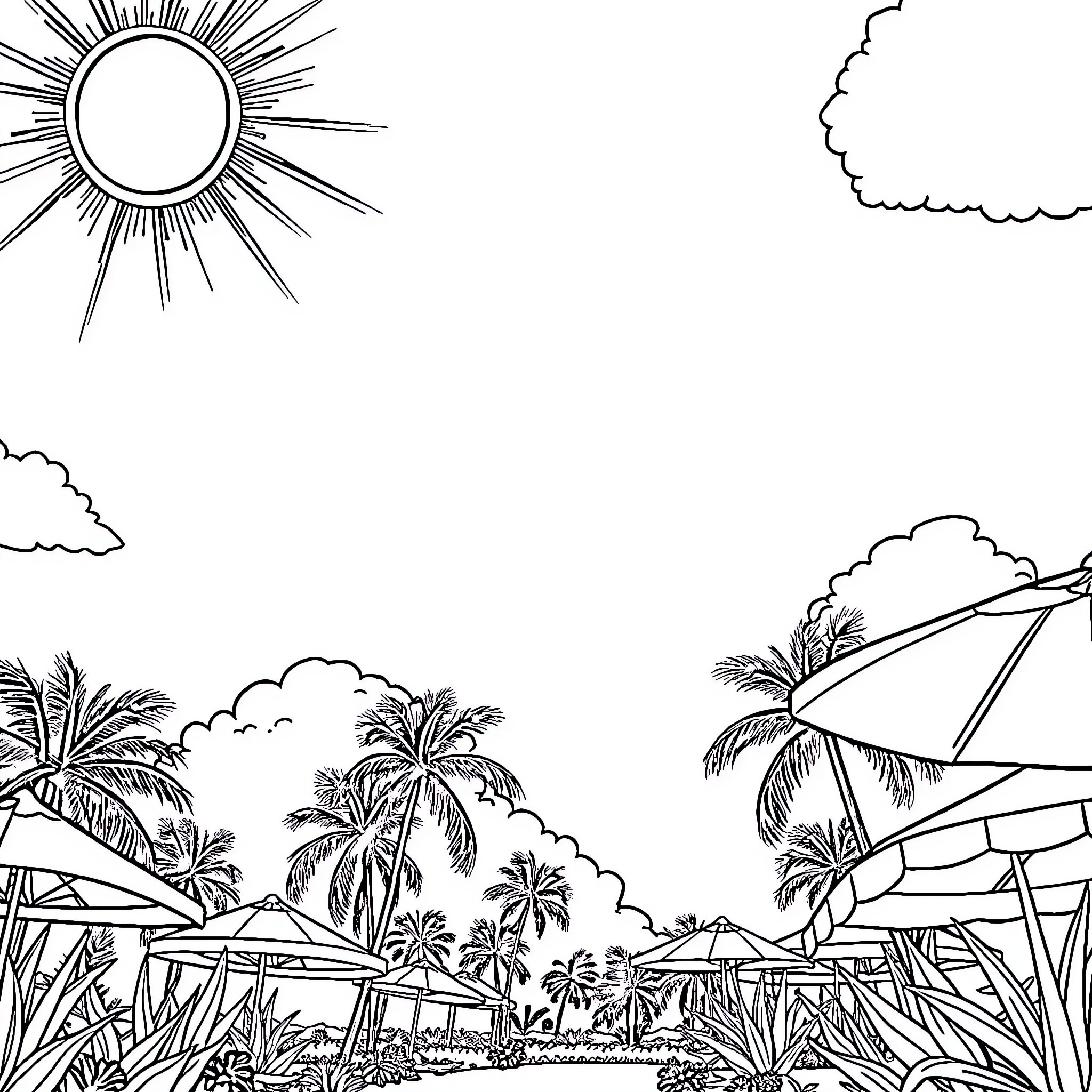 Sun shining over tropical beach scene Coloring Page (free black-and-white line drawing printable PDF for all, from beginners to advanced learners, including children, teens, adults, and seniors)