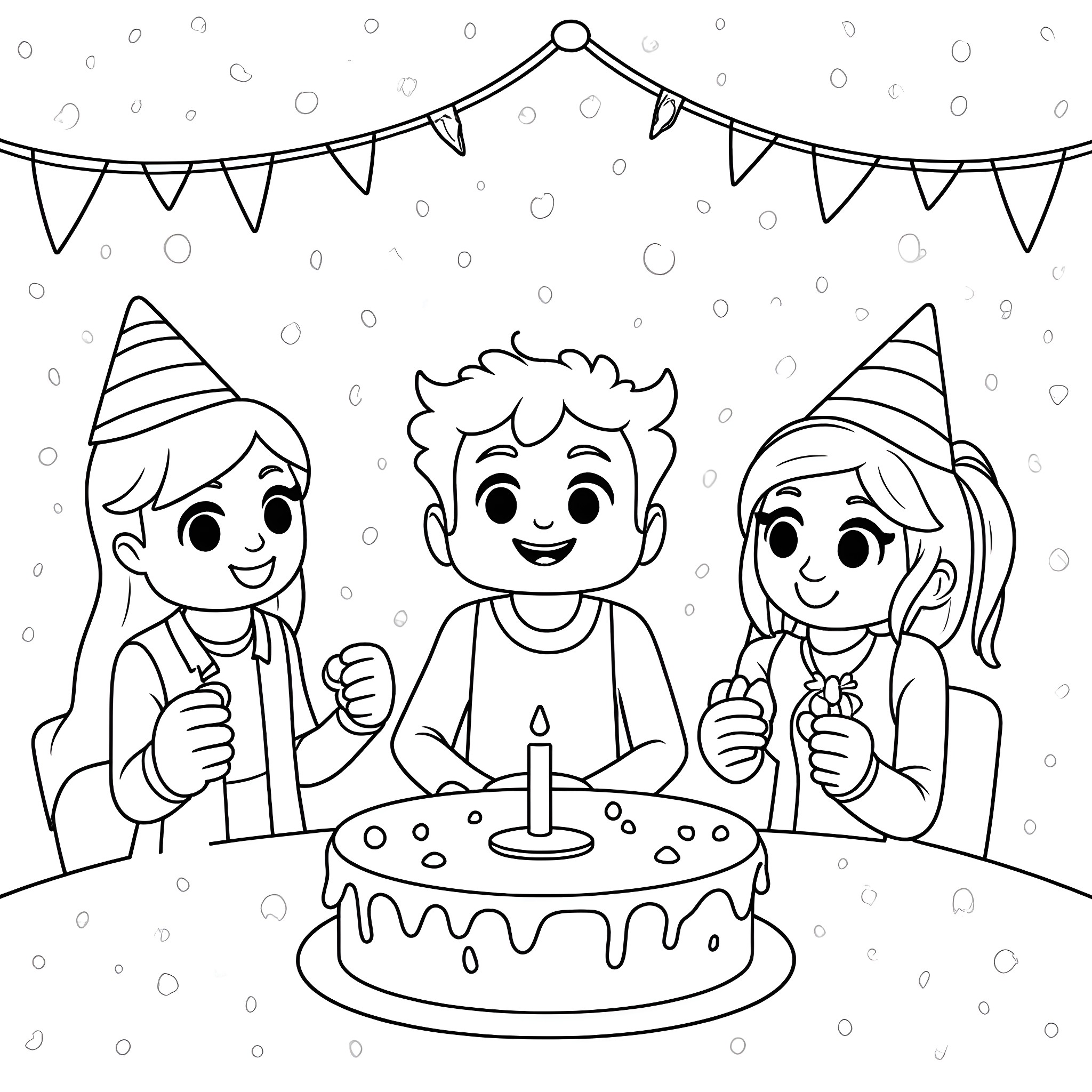 Minecraft party with friends and birthday cake Coloring Page (free black-and-white line drawing printable PDF for all, from beginners to advanced learners, including children, teens, adults, and seniors)