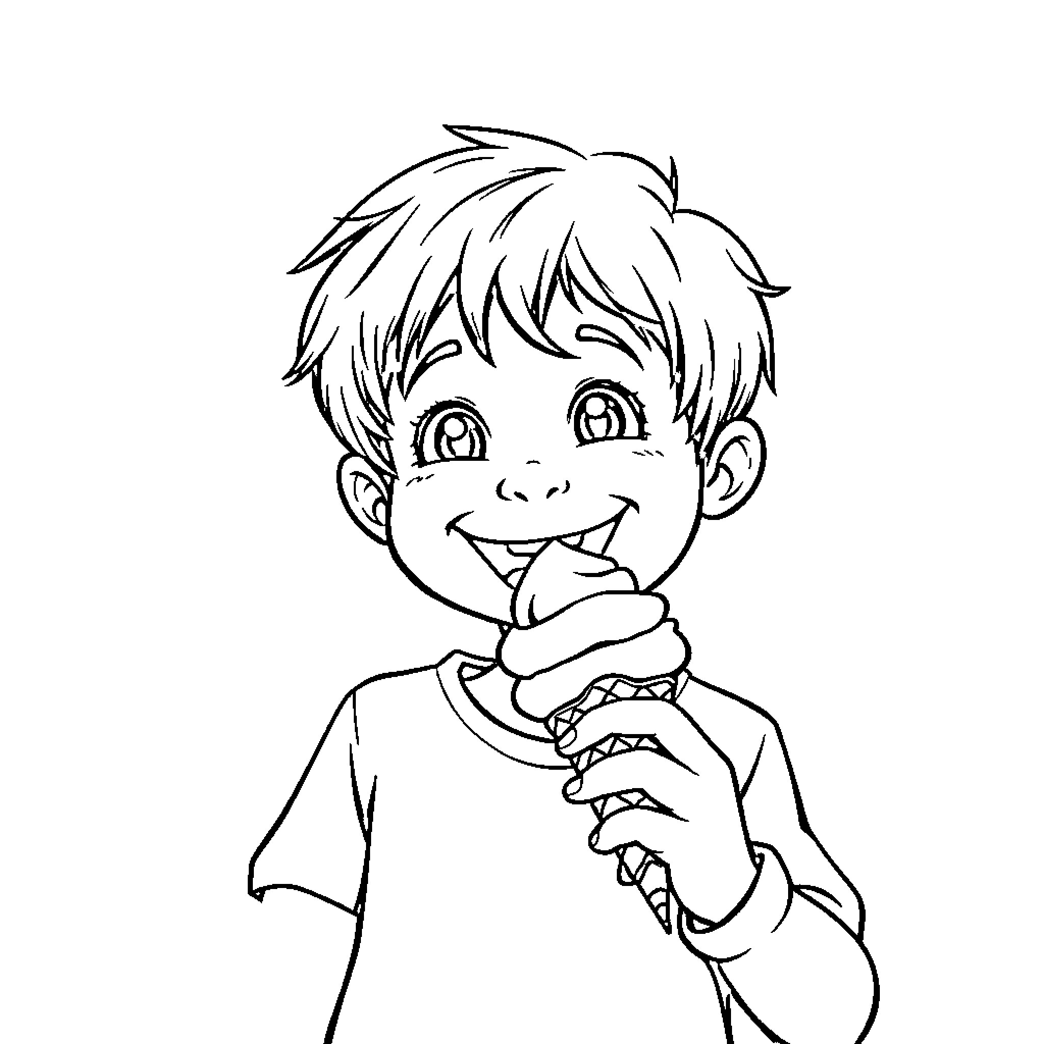 Kid joyfully enjoying ice cream cone Coloring Page (free black-and-white line drawing printable PDF for all, from beginners to advanced learners, including children, teens, adults, and seniors)