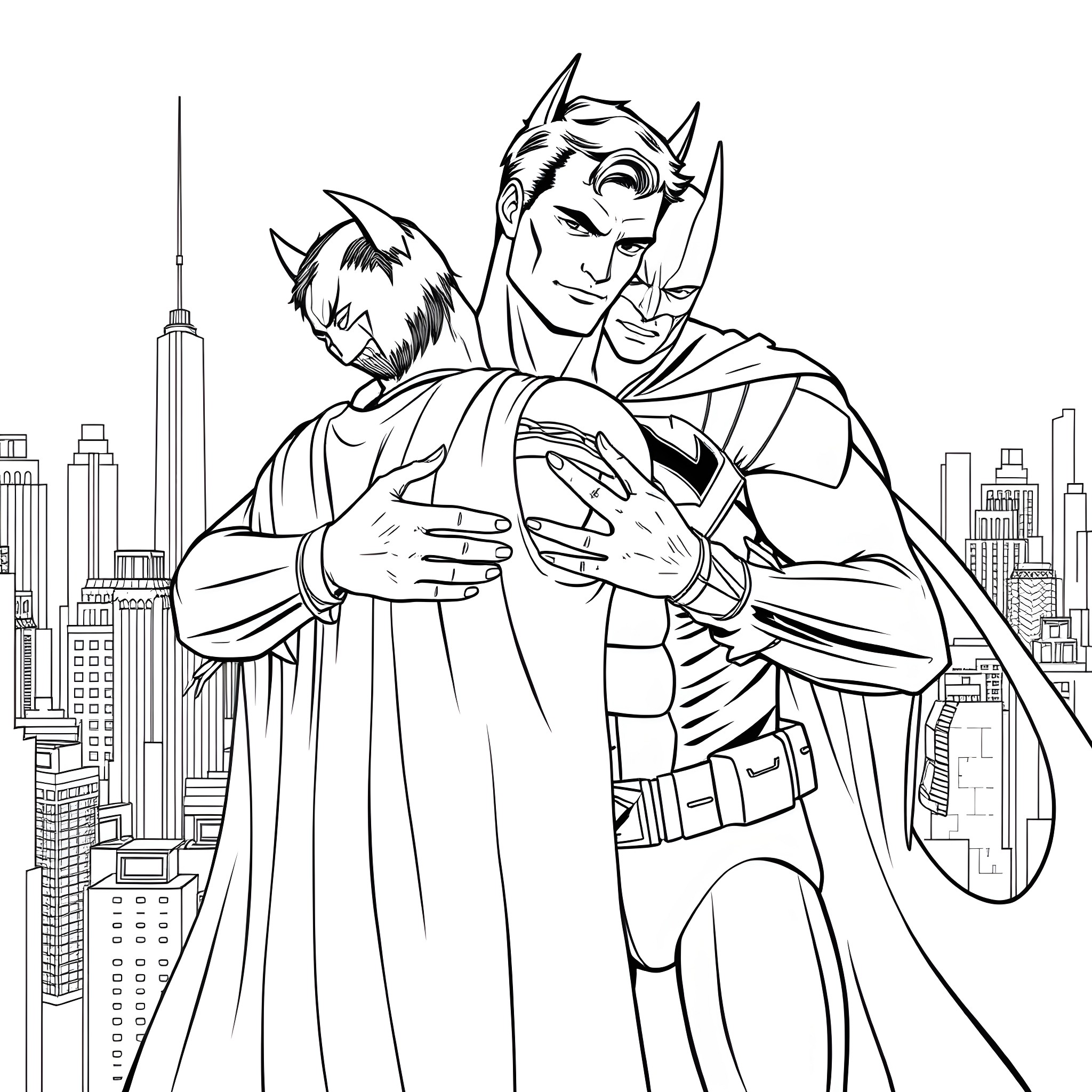 Superman protects the city from harm Coloring Page (free black-and-white line drawing printable PDF for all, from beginners to advanced learners, including children, teens, adults, and seniors)