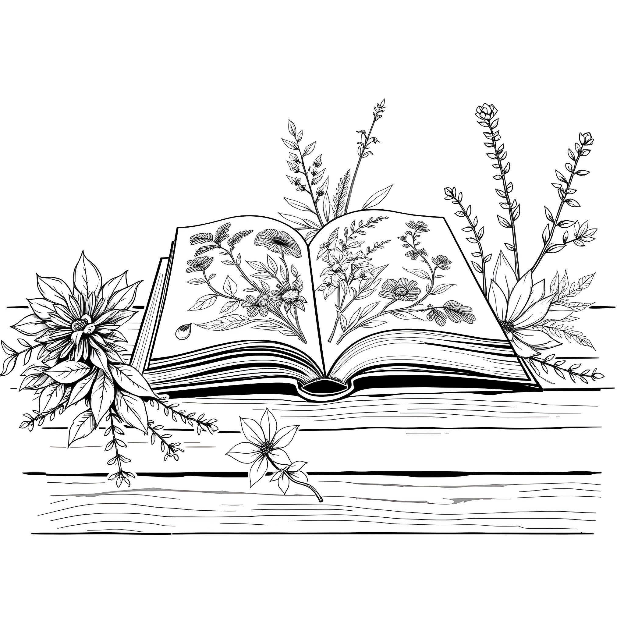 Herb Book of Wildflowers and Nature Coloring Page (free black-and-white line drawing printable PDF for all, from beginners to advanced learners, including children, teens, adults, and seniors)