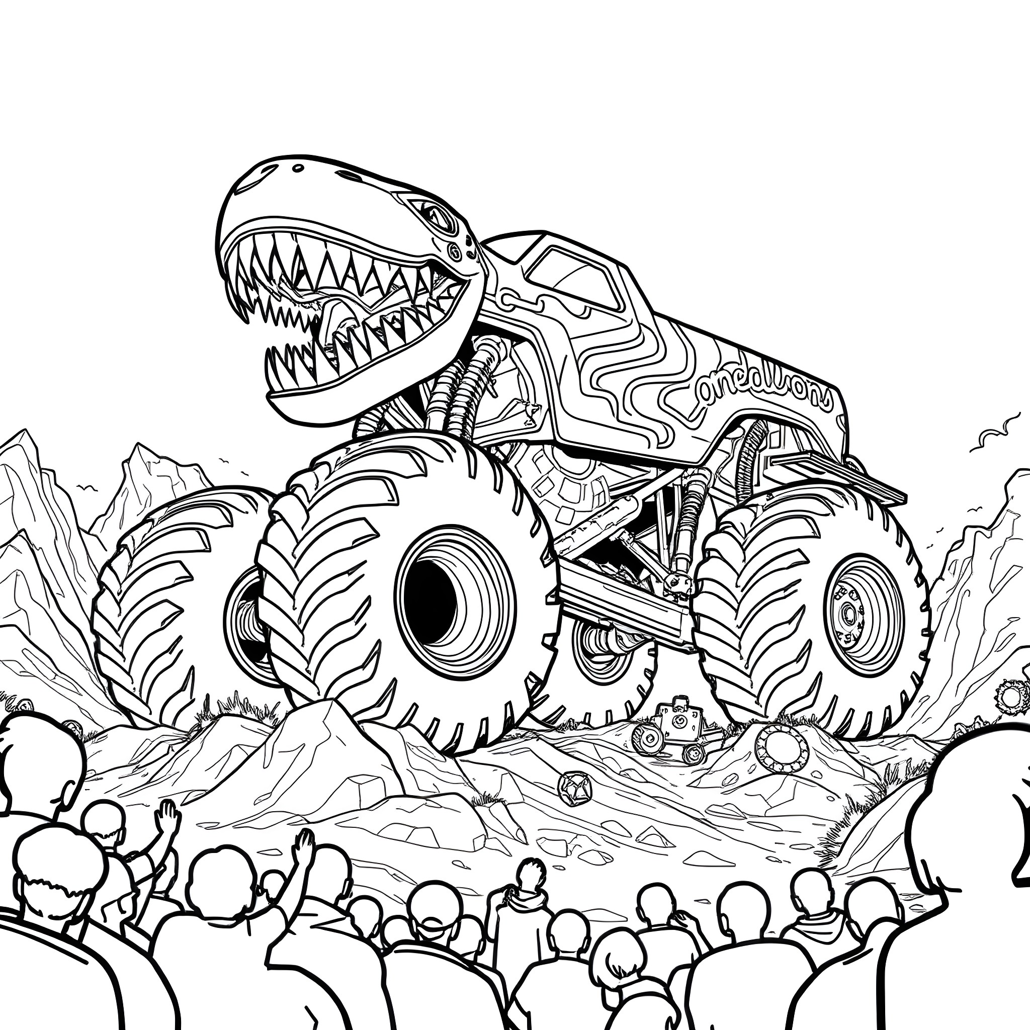 Megalodon Monster Truck Crushing Crowd Coloring Page (free black-and-white line drawing printable PDF for all, from beginners to advanced learners, including children, teens, adults, and seniors)