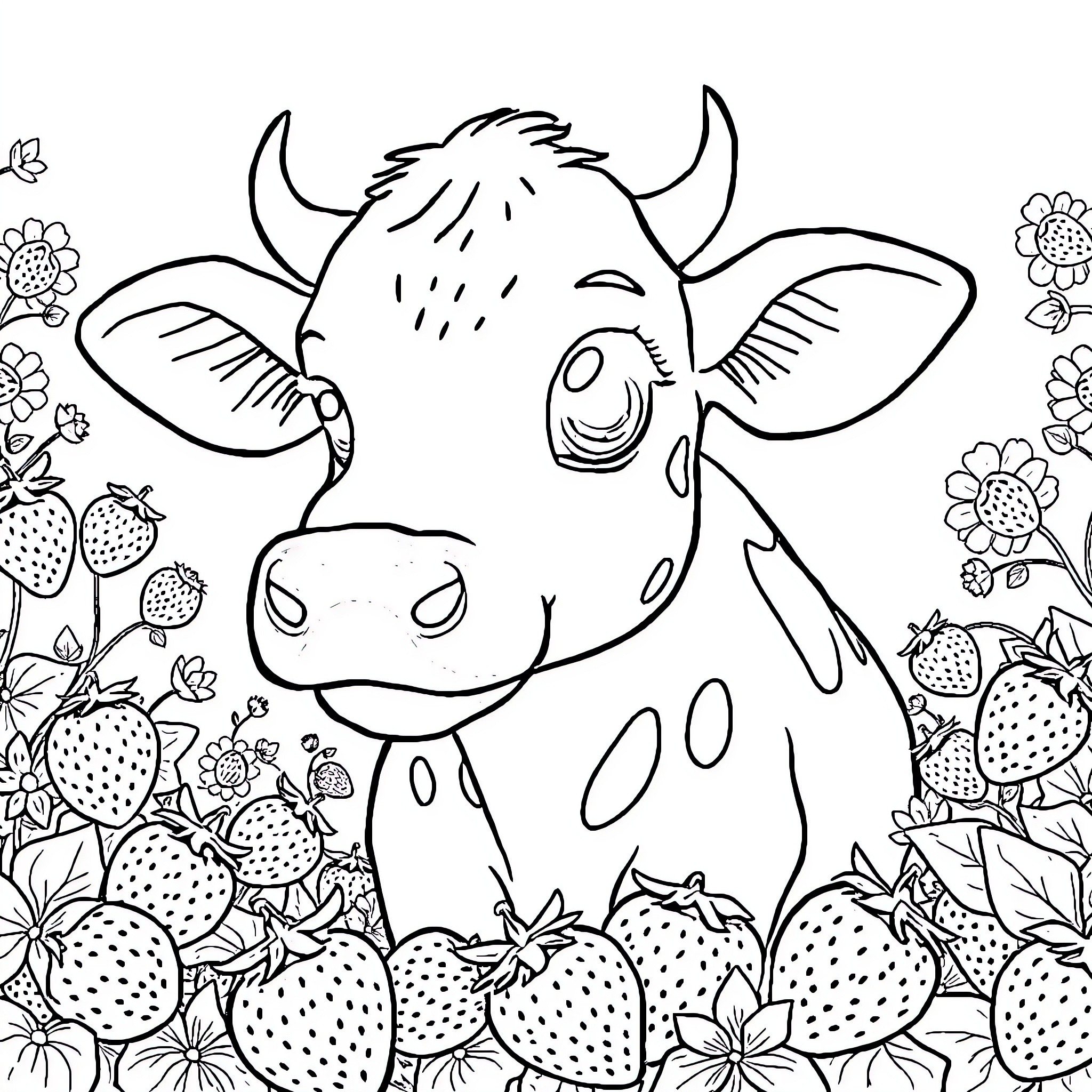 Cow among strawberry fields and flowers Coloring Page (free black-and-white line drawing printable PDF for all, from beginners to advanced learners, including children, teens, adults, and seniors)