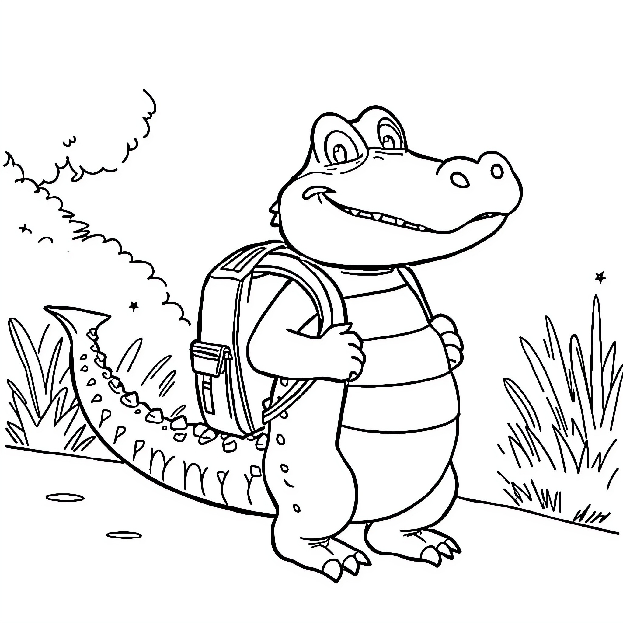 Alligator with backpack exploring the outdoors Coloring Page (free black-and-white line drawing printable PDF for all, from beginners to advanced learners, including children, teens, adults, and seniors)