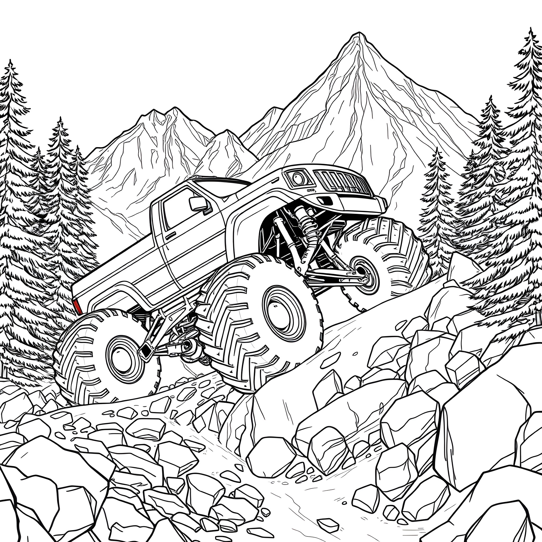 Monster Truck Conquering Rugged Mountain Terrain Coloring Page (free black-and-white line drawing printable PDF for all, from beginners to advanced learners, including children, teens, adults, and seniors)