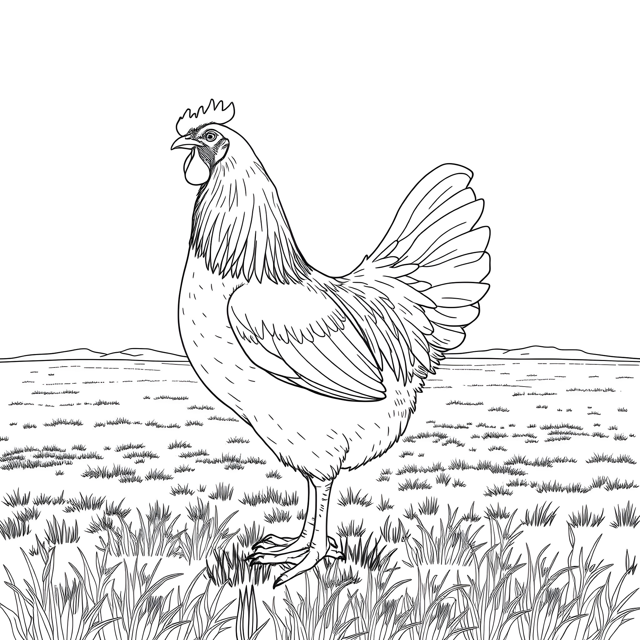 Hen standing proudly in a grassy field Coloring Page (free black-and-white line drawing printable PDF for all, from beginners to advanced learners, including children, teens, adults, and seniors)