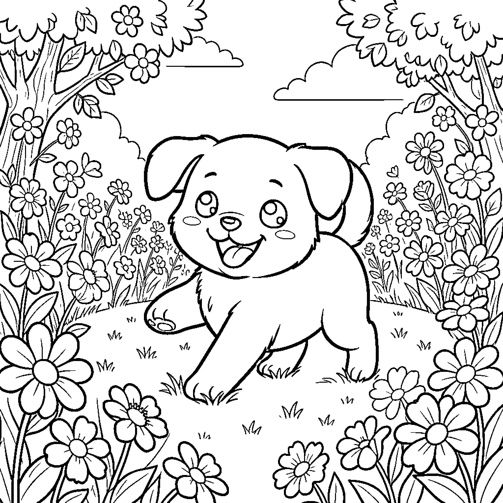 Dog playing in a floral garden Coloring Page (free black-and-white line drawing printable PDF for all, from beginners to advanced learners, including children, teens, adults, and seniors)