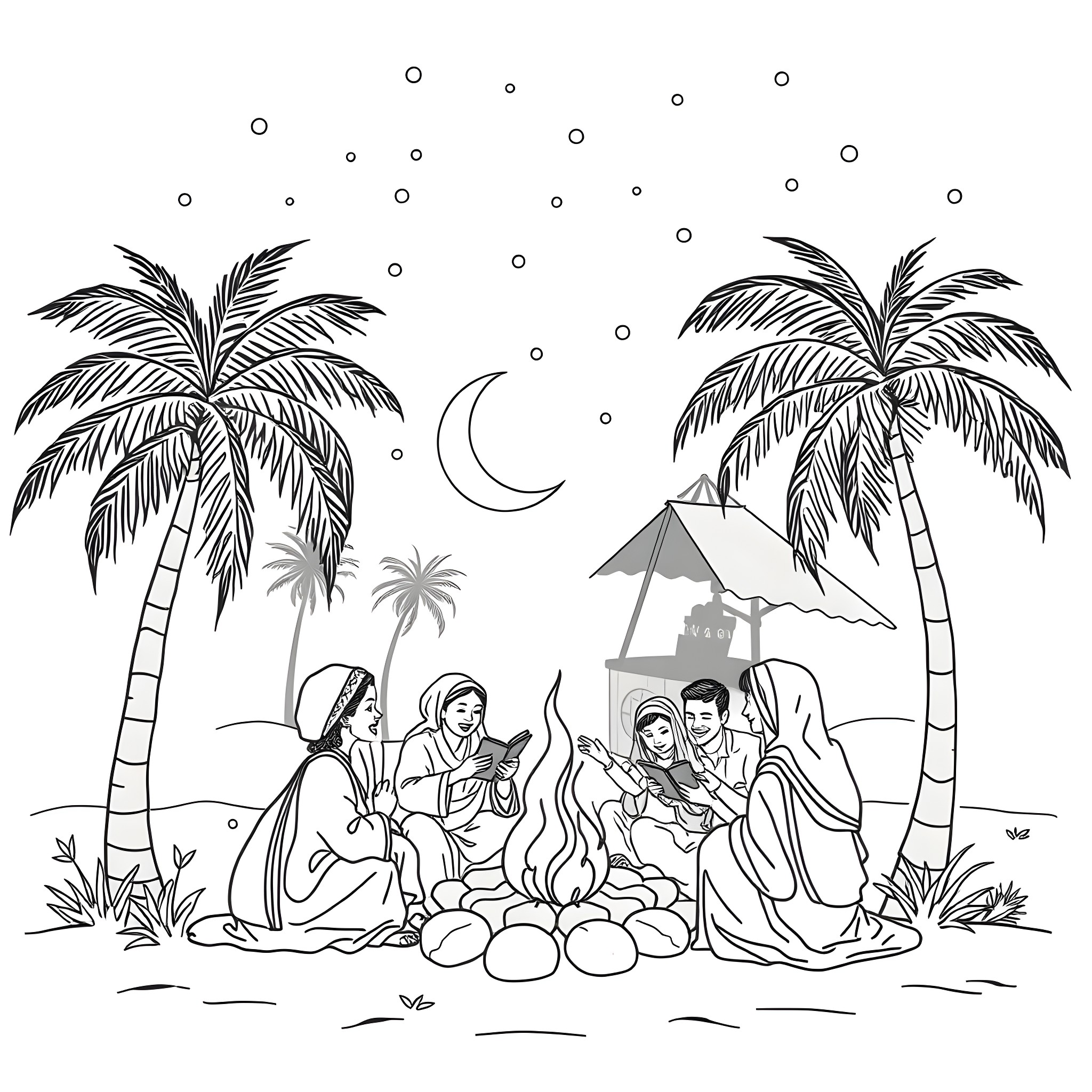 Ramadan Gathering Amid Peaceful Palms and Moon Coloring Page (free black-and-white line drawing printable PDF for all, from beginners to advanced learners, including children, teens, adults, and seniors)