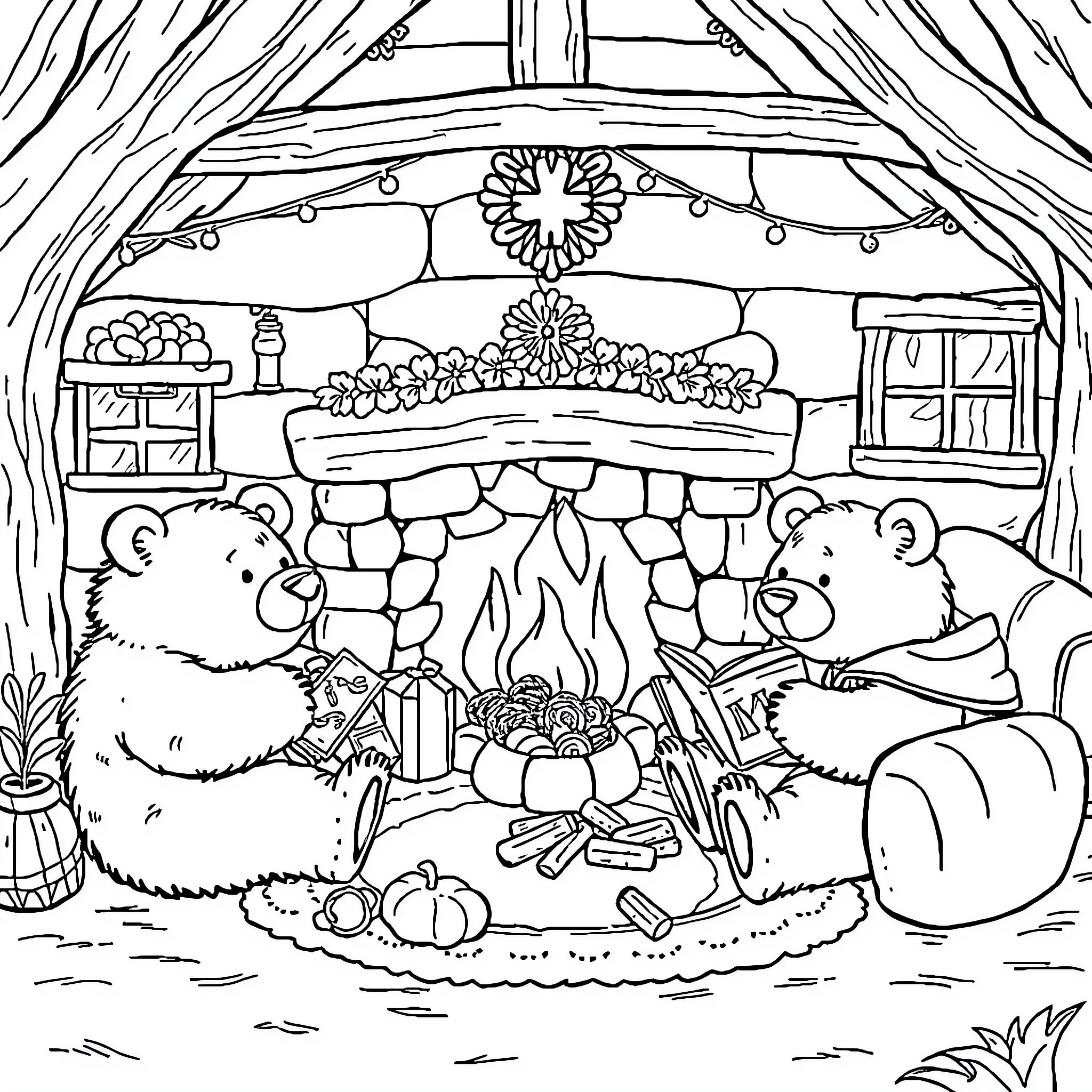 Bear friends cozy by the fireplace Coloring Page (free black-and-white line drawing printable PDF for all, from beginners to advanced learners, including children, teens, adults, and seniors)