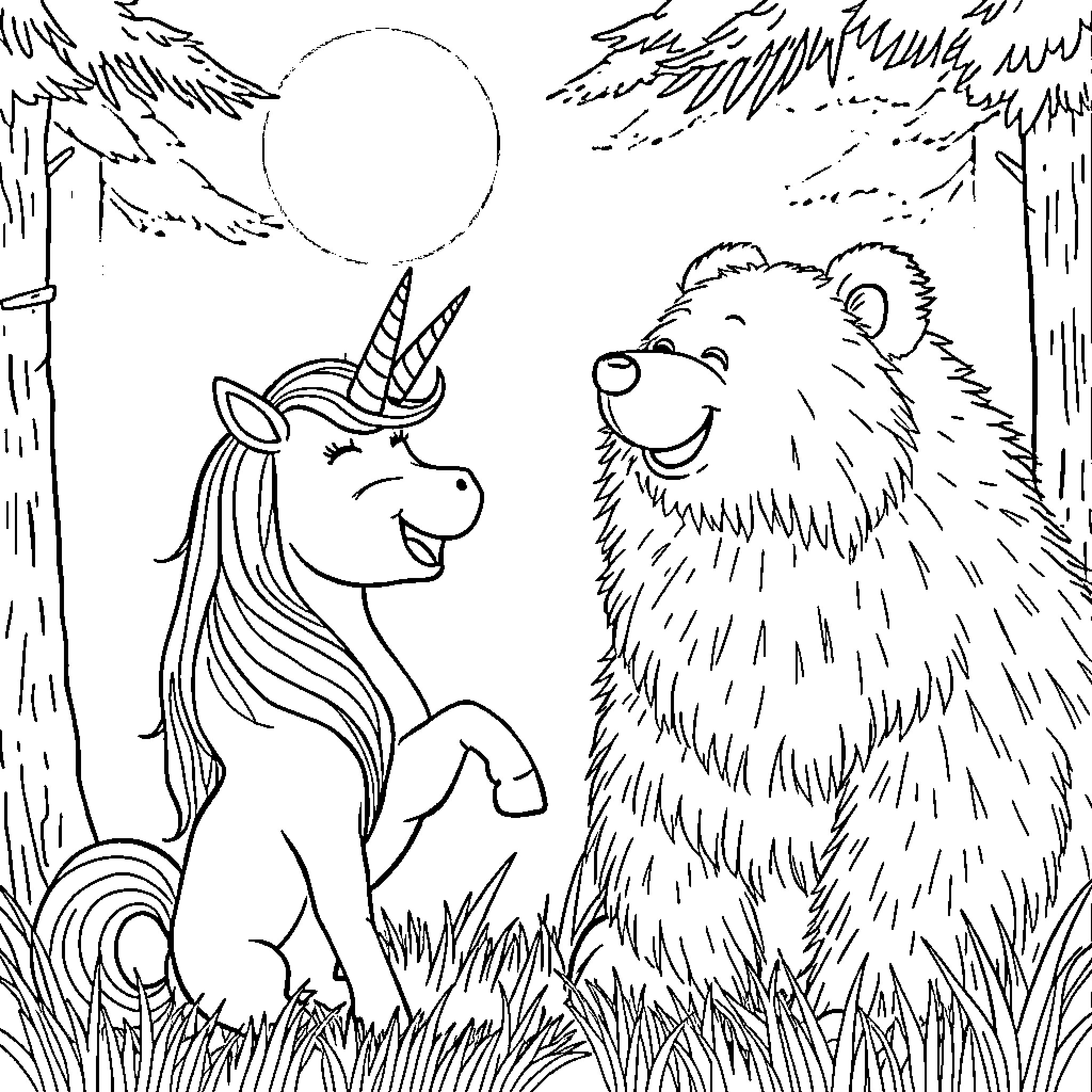 Unicorn and Bear Exploring the Forest Coloring Page (free black-and-white line drawing printable PDF for all, from beginners to advanced learners, including children, teens, adults, and seniors)