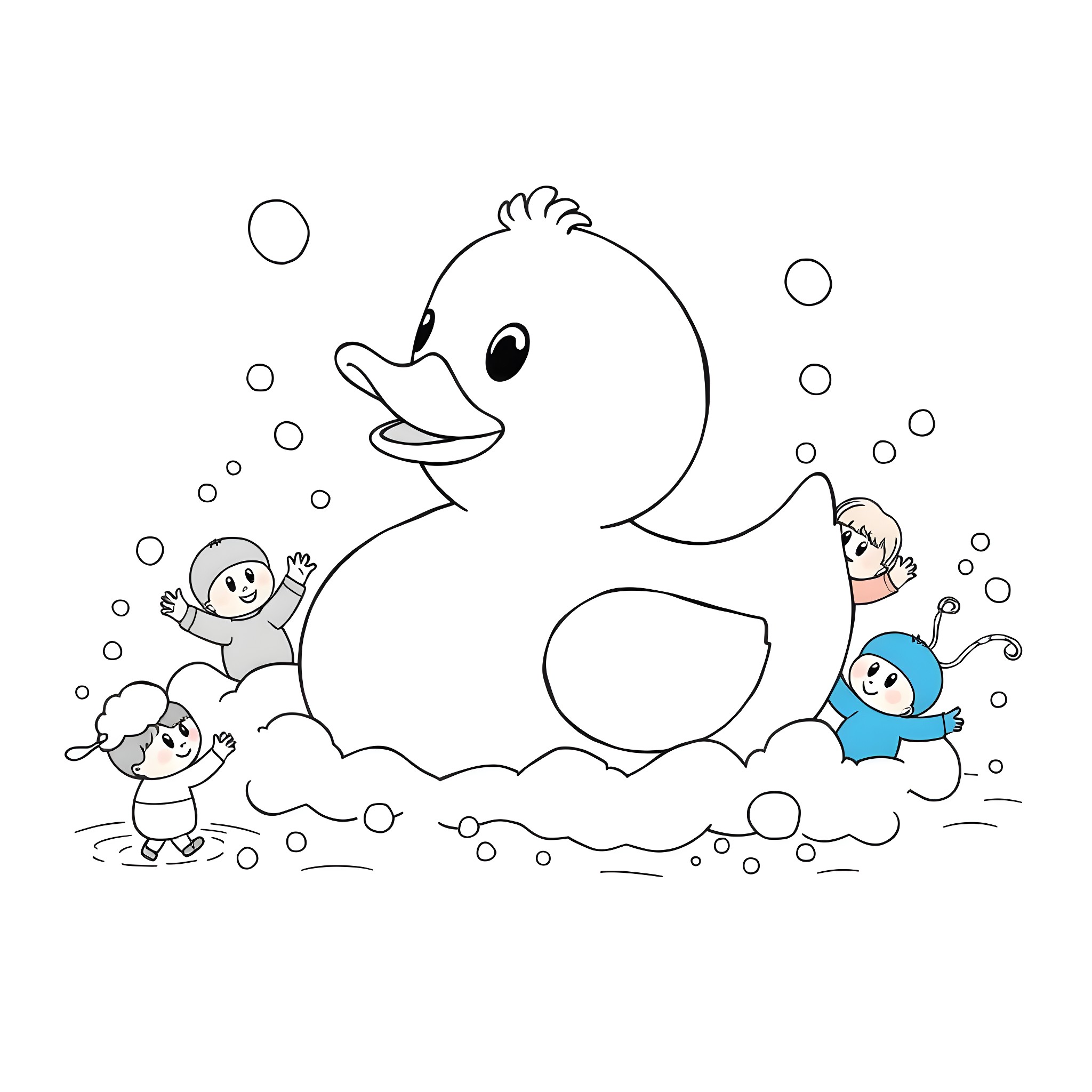 Rubber Duck and Playful Children in Bubbles Coloring Page (free black-and-white line drawing printable PDF for all, from beginners to advanced learners, including children, teens, adults, and seniors)