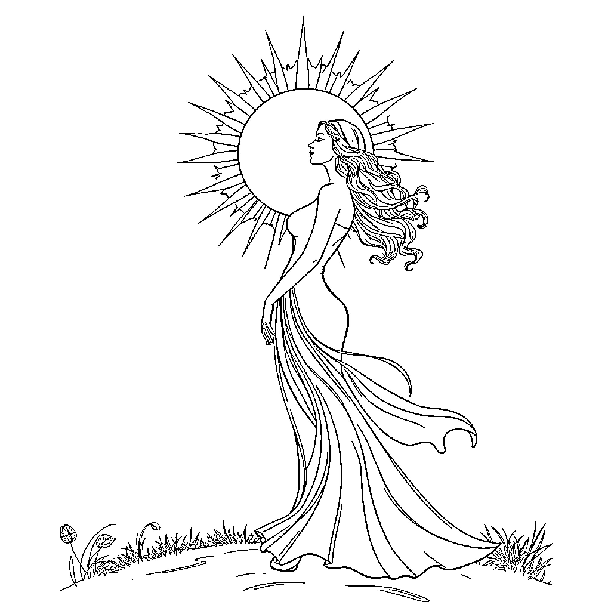 Lady surrounded by sun and nature Coloring Page (free black-and-white line drawing printable PDF for all, from beginners to advanced learners, including children, teens, adults, and seniors)