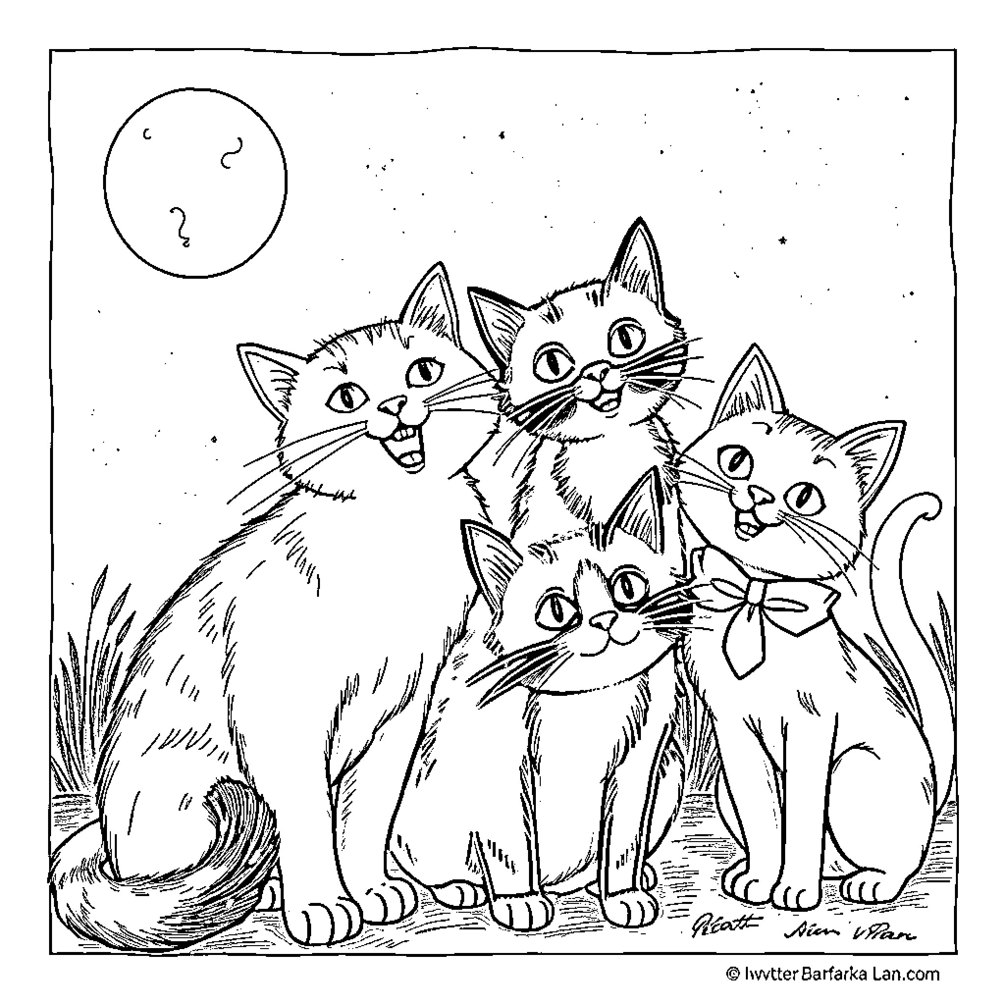Cat family playing under the moonlight Coloring Page (free black-and-white line drawing printable PDF for all, from beginners to advanced learners, including children, teens, adults, and seniors)