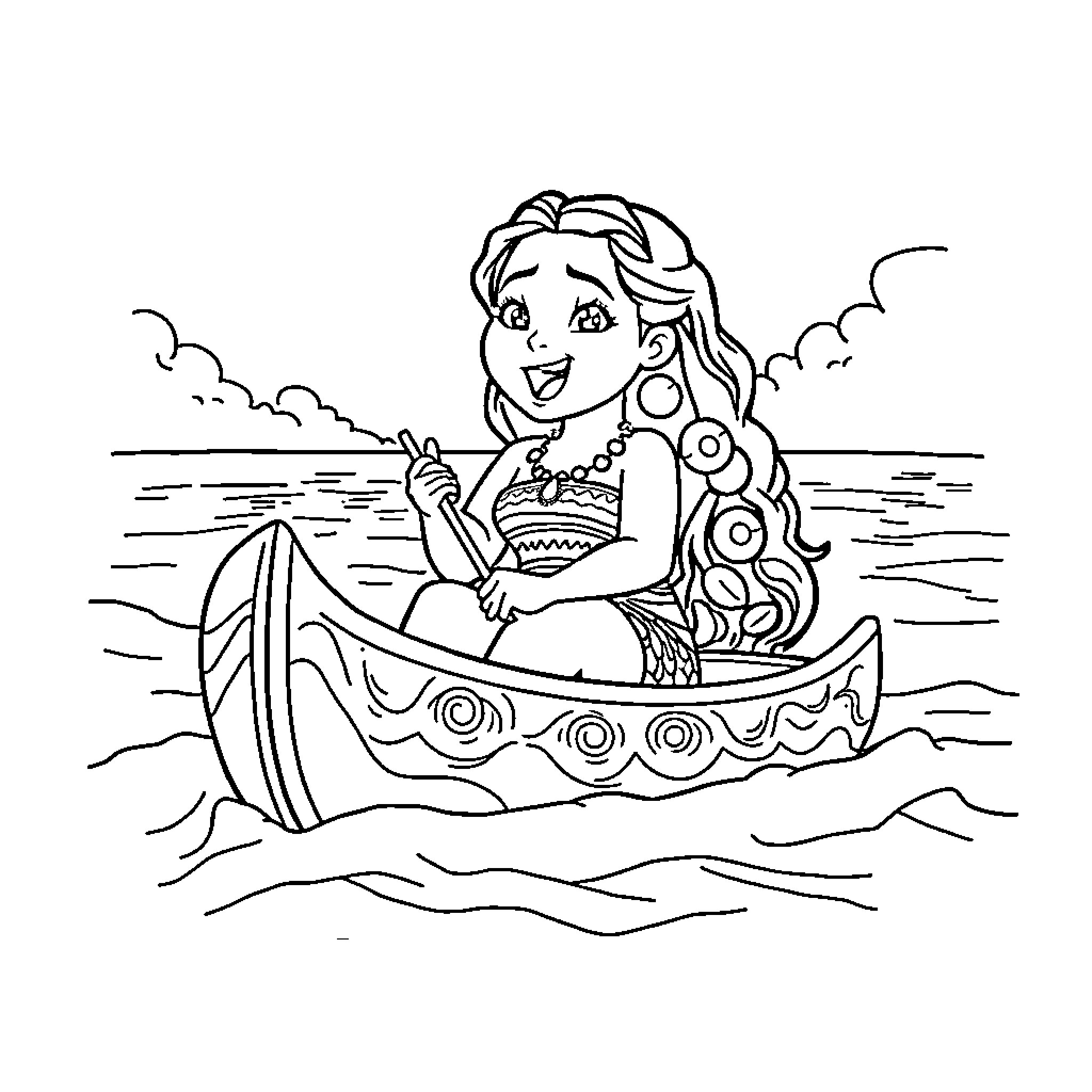 Moana Sailing Happily on the Ocean Coloring Page (free black-and-white line drawing printable PDF for all, from beginners to advanced learners, including children, teens, adults, and seniors)
