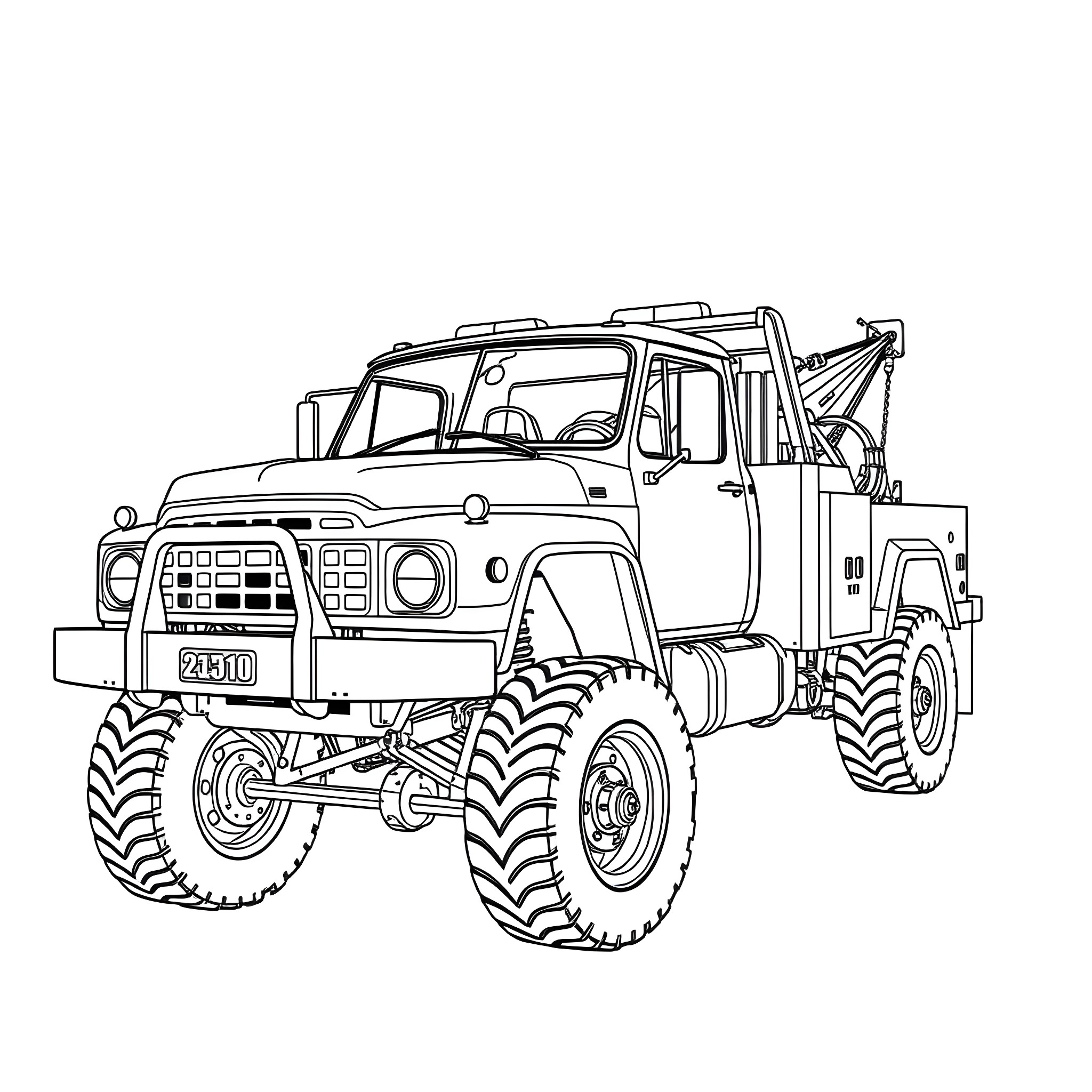 Truck with large tires and tow equipment Coloring Page (free black-and-white line drawing printable PDF for all, from beginners to advanced learners, including children, teens, adults, and seniors)