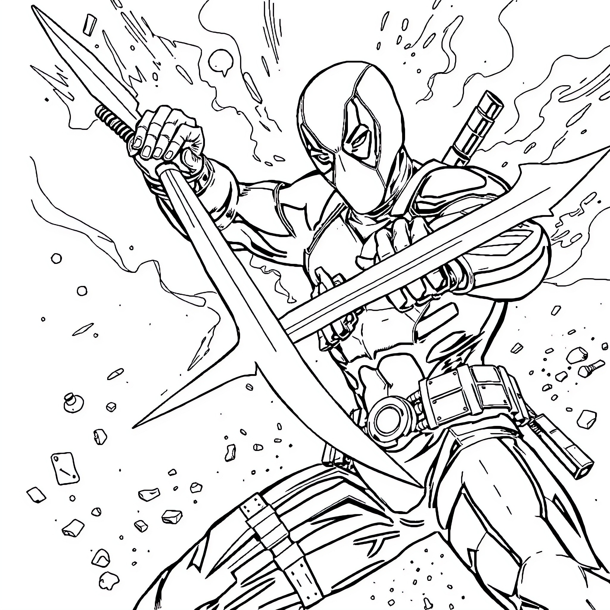 Deadpool in action-packed combat Coloring Page (free black-and-white line drawing printable PDF for all, from beginners to advanced learners, including children, teens, adults, and seniors)