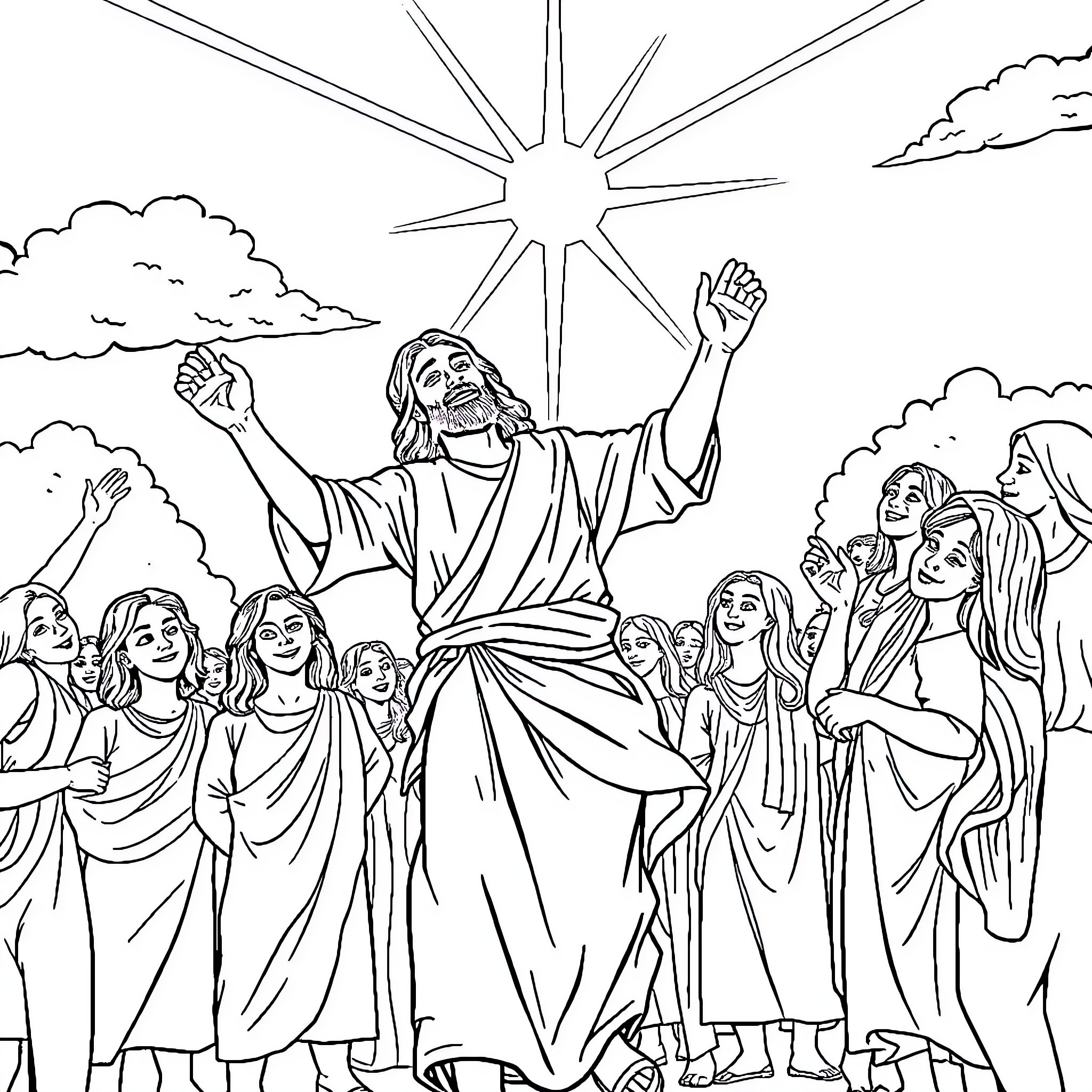 Jesus' Triumphant Ascension Celebrated by Followers Coloring Page (free black-and-white line drawing printable PDF for all, from beginners to advanced learners, including children, teens, adults, and seniors)