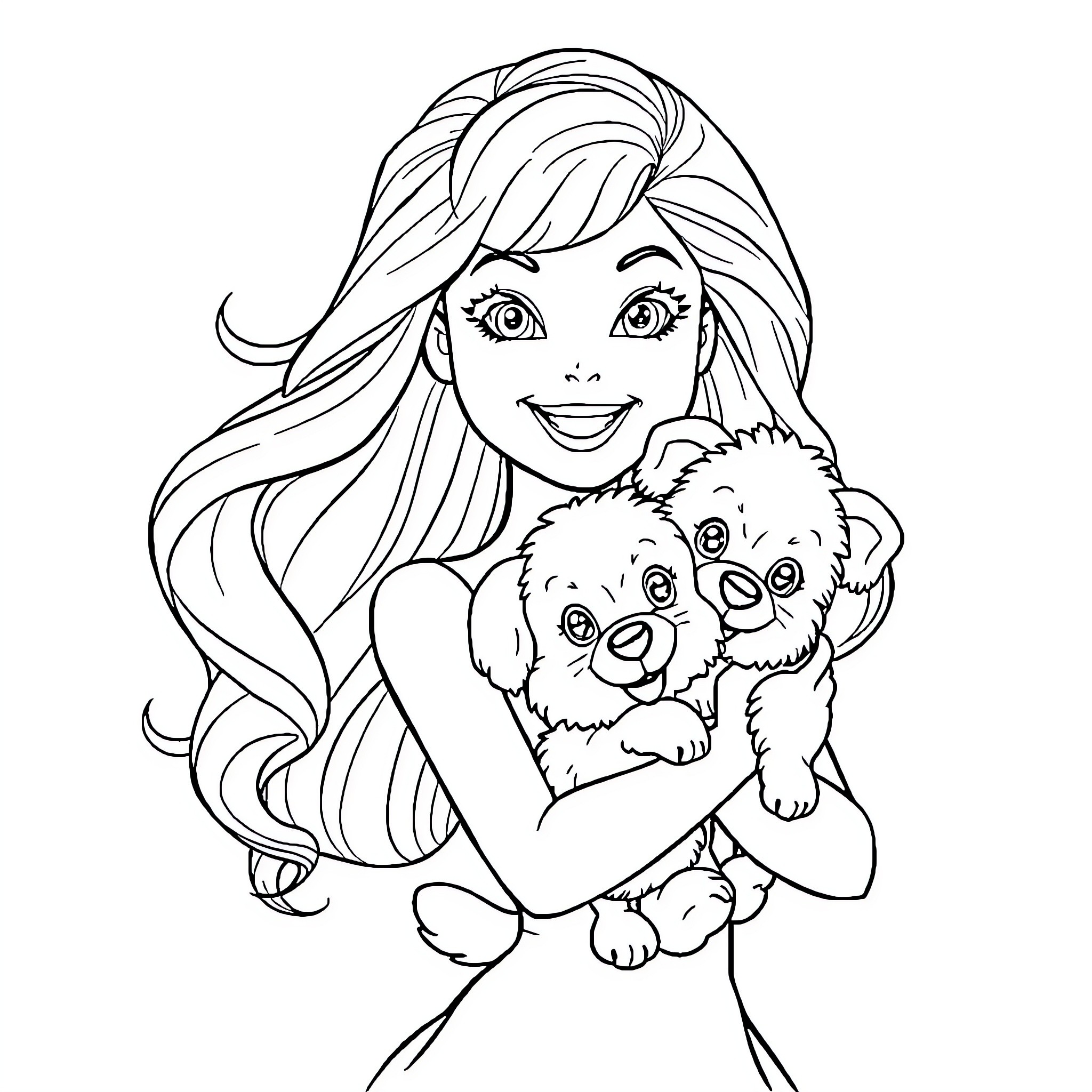 Barbie playing with her adorable puppy Coloring Page (free black-and-white line drawing printable PDF for all, from beginners to advanced learners, including children, teens, adults, and seniors)