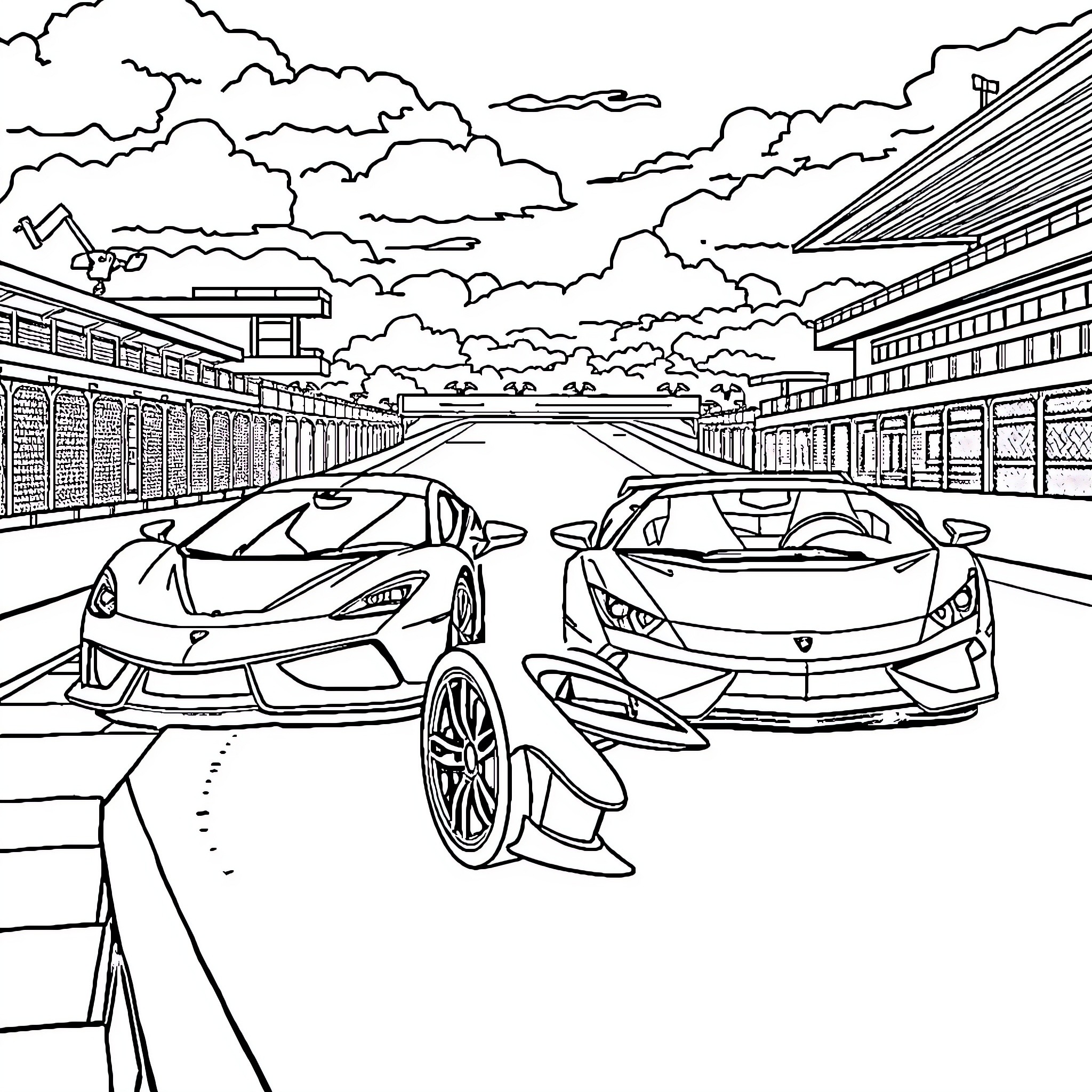 Maclaren supercars showcased on race track Coloring Page (free black-and-white line drawing printable PDF for all, from beginners to advanced learners, including children, teens, adults, and seniors)