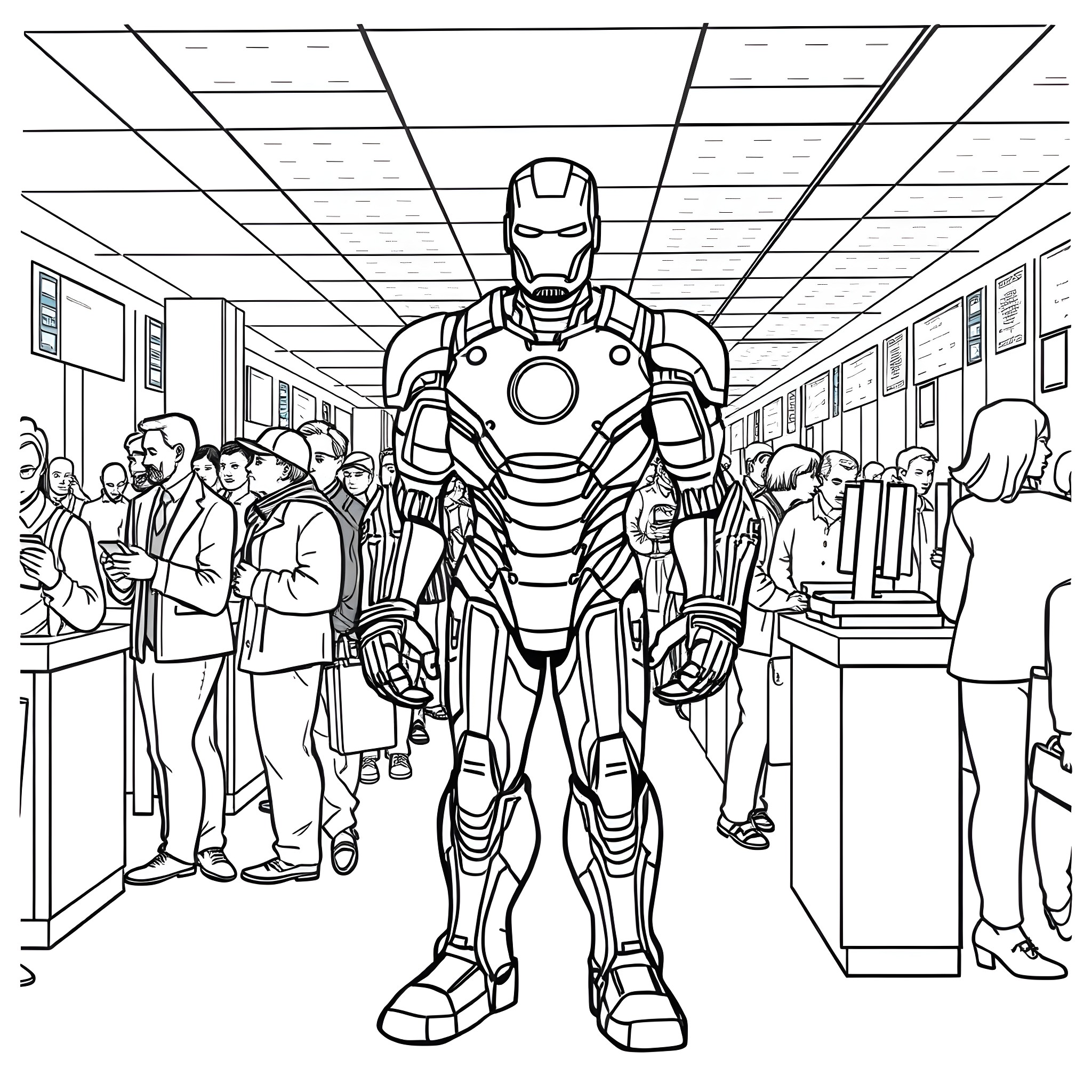 Iron Man standing in a crowd of people Coloring Page (free black-and-white line drawing printable PDF for all, from beginners to advanced learners, including children, teens, adults, and seniors)