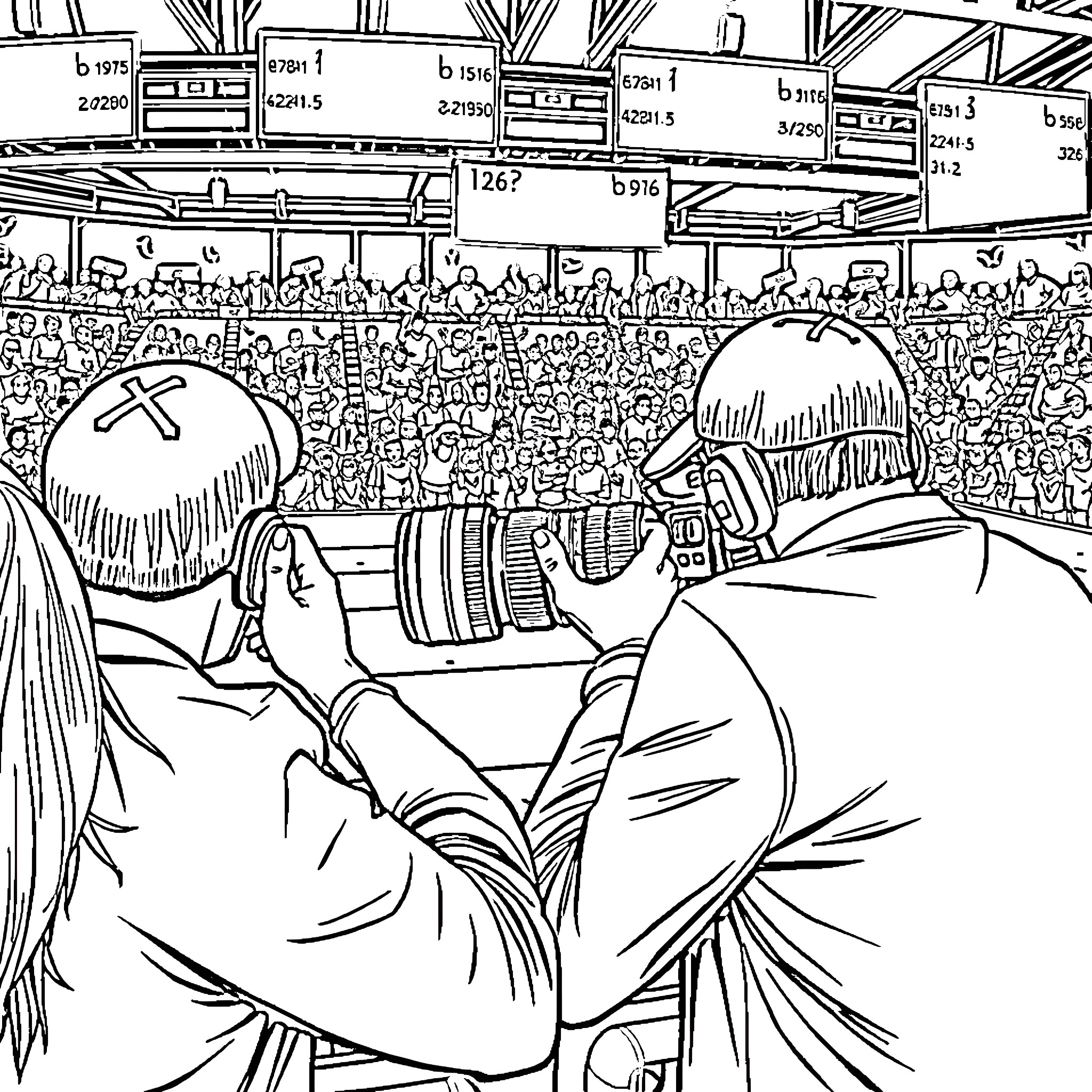 Photographer capturing a crowded sports event Coloring Page (free black-and-white line drawing printable PDF for all, from beginners to advanced learners, including children, teens, adults, and seniors)