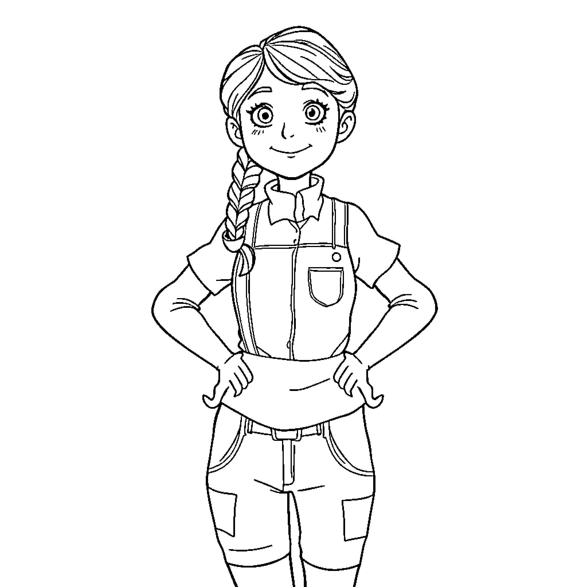 Pippi in Overalls and Pigtails with Confident Pose Coloring Page (free black-and-white line drawing printable PDF for all, from beginners to advanced learners, including children, teens, adults, and seniors)