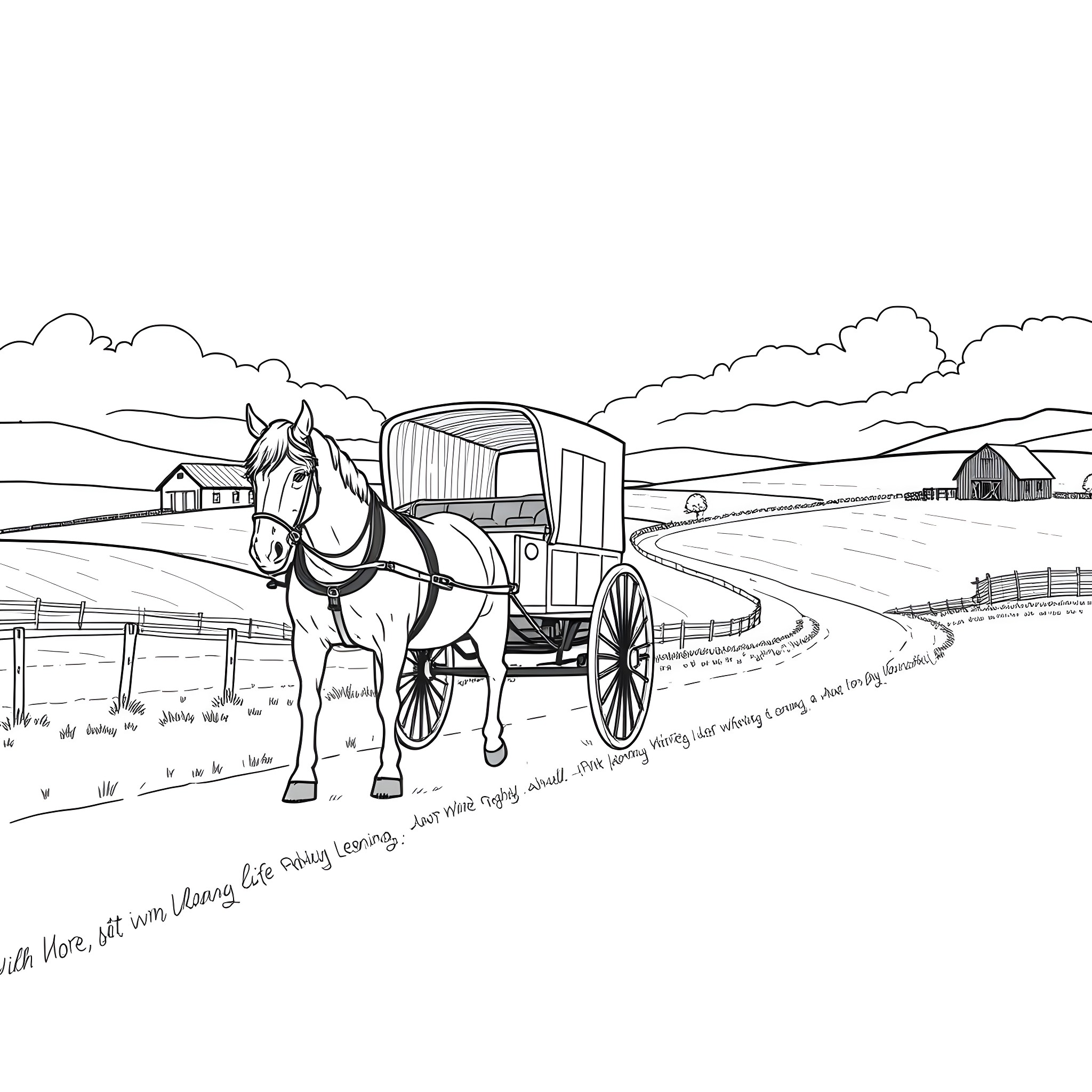 Horse and Buggy Traveling Through Countryside Landscape Coloring Page (free black-and-white line drawing printable PDF for all, from beginners to advanced learners, including children, teens, adults, and seniors)