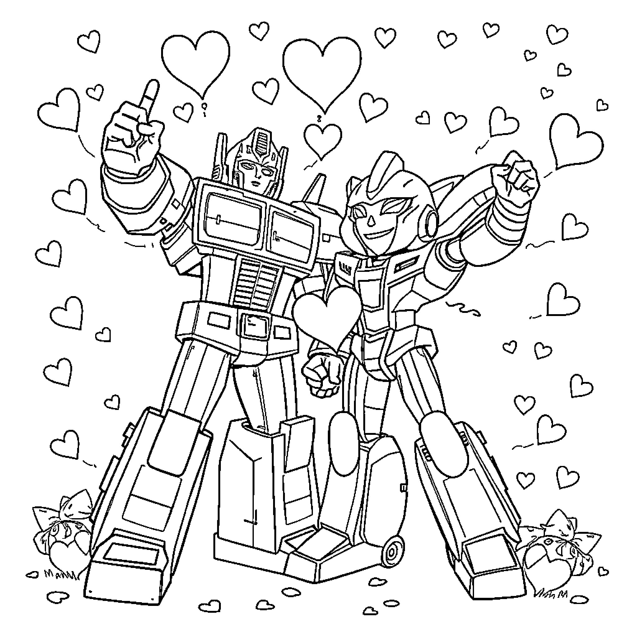 Transformer in Love: Robotic Figure Surrounded by Hearts Coloring Page (free black-and-white line drawing printable PDF for all, from beginners to advanced learners, including children, teens, adults, and seniors)