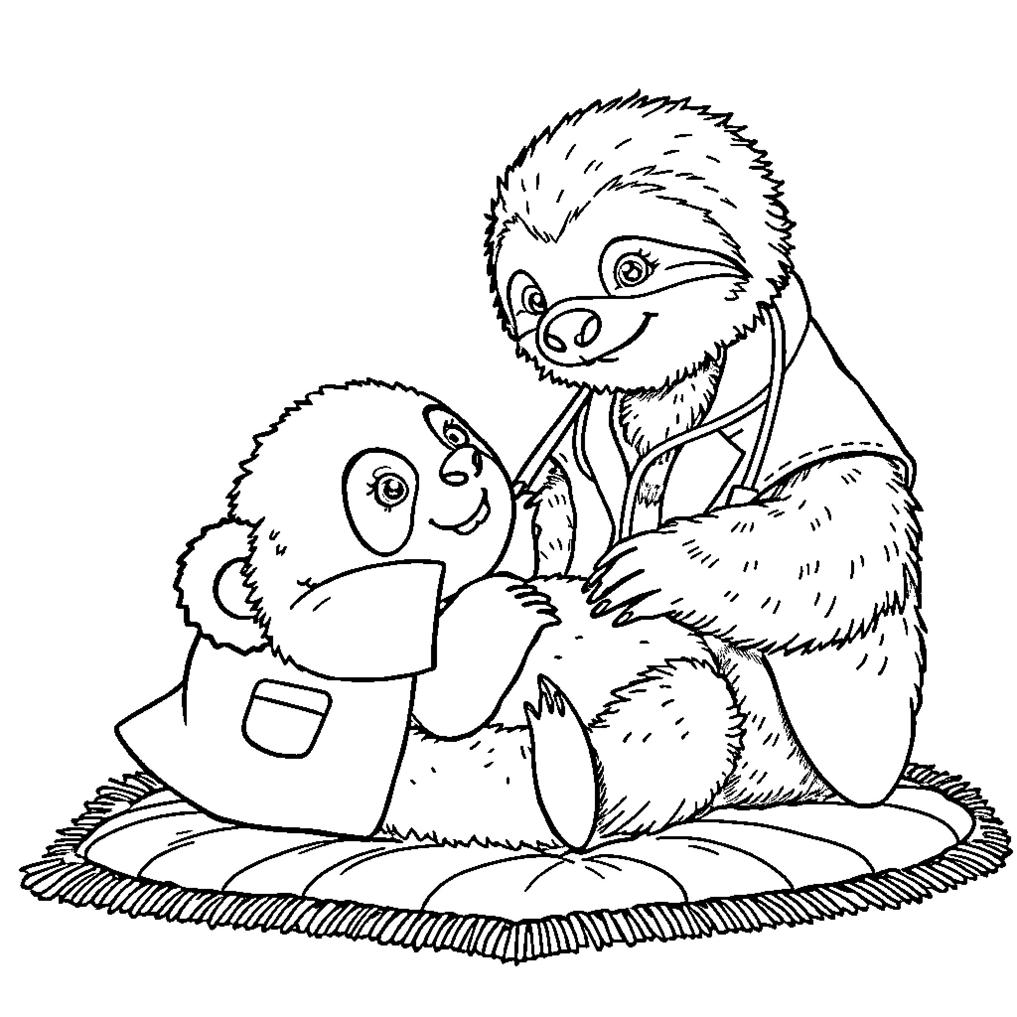 Sloth spending time with baby sloth on cozy bedding Coloring Page (free black-and-white line drawing printable PDF for all, from beginners to advanced learners, including children, teens, adults, and seniors)