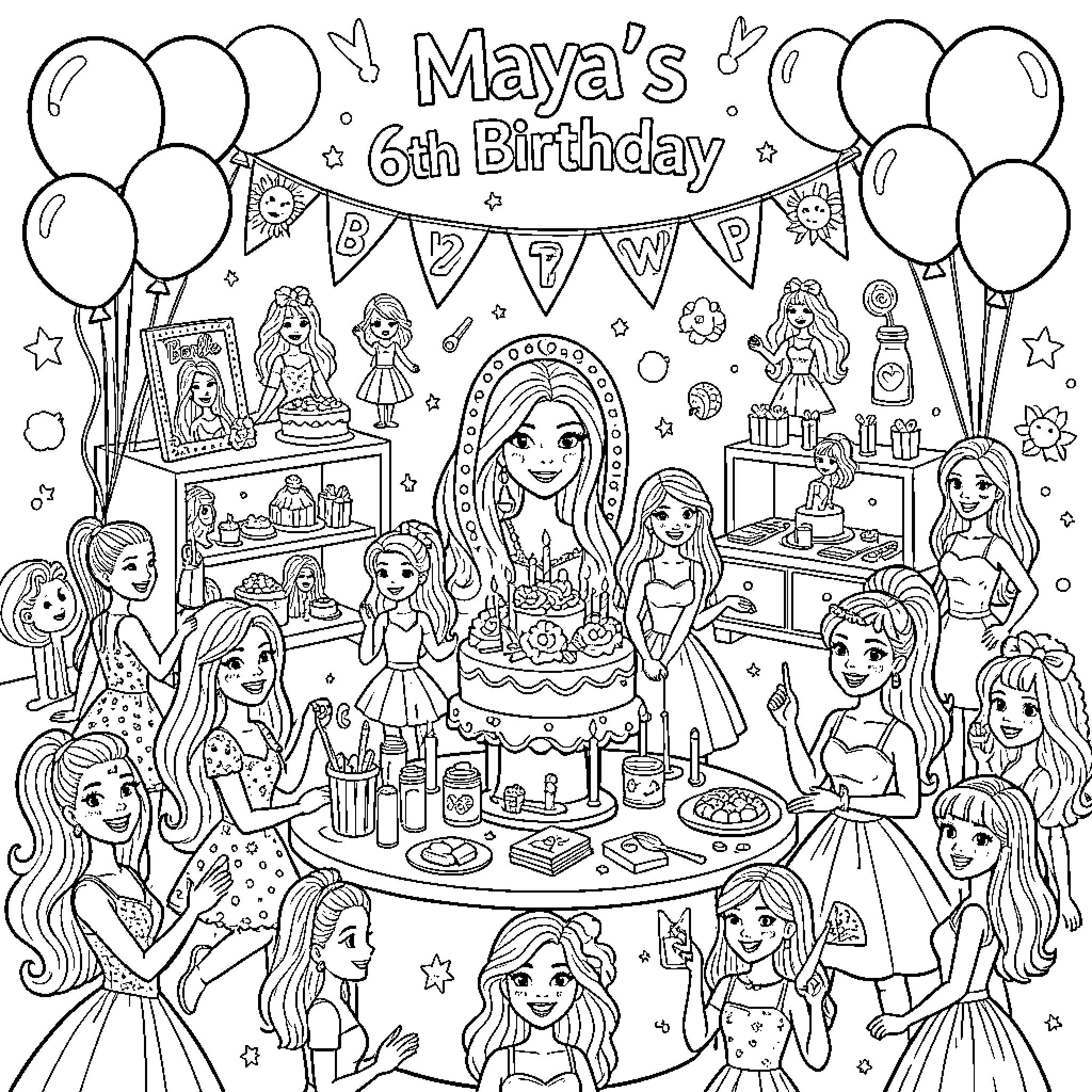 Barbie and friends celebrating a joyful birthday party Coloring Page (free black-and-white line drawing printable PDF for all, from beginners to advanced learners, including children, teens, adults, and seniors)