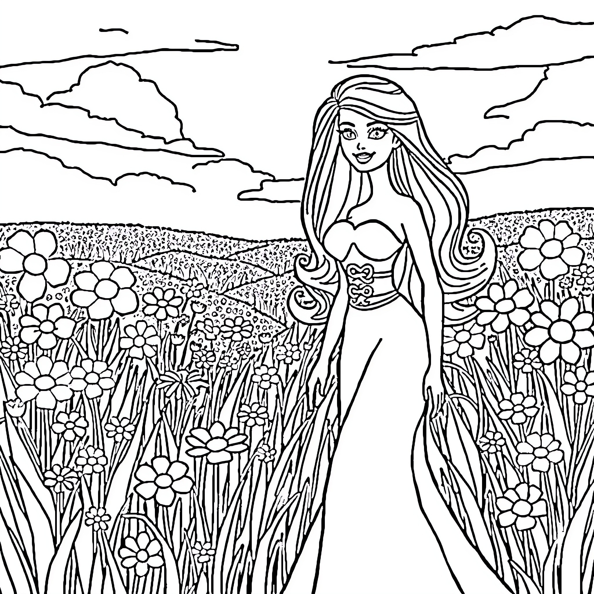 Barbie walking through a floral field Coloring Page (free black-and-white line drawing printable PDF for all, from beginners to advanced learners, including children, teens, adults, and seniors)