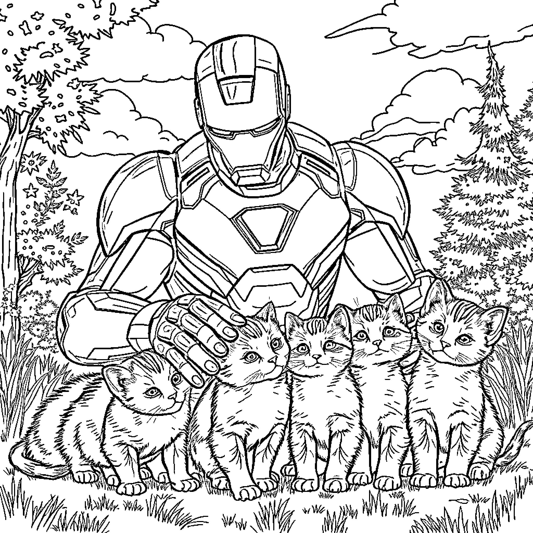 Ironman protects adorable kittens in nature Coloring Page (free black-and-white line drawing printable PDF for all, from beginners to advanced learners, including children, teens, adults, and seniors)