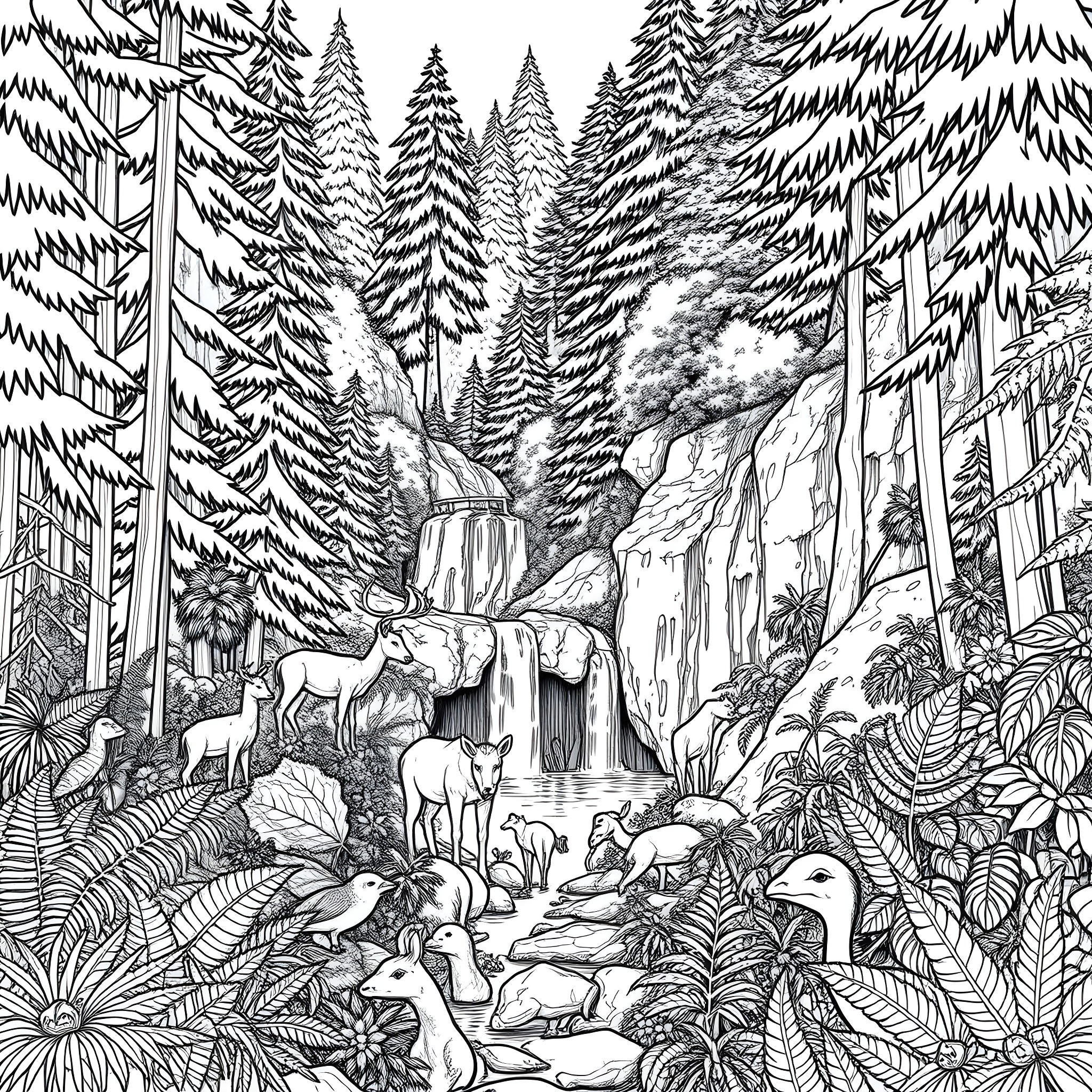 Rainforest teeming with wildlife and natural wonders Coloring Page (free black-and-white line drawing printable PDF for all, from beginners to advanced learners, including children, teens, adults, and seniors)