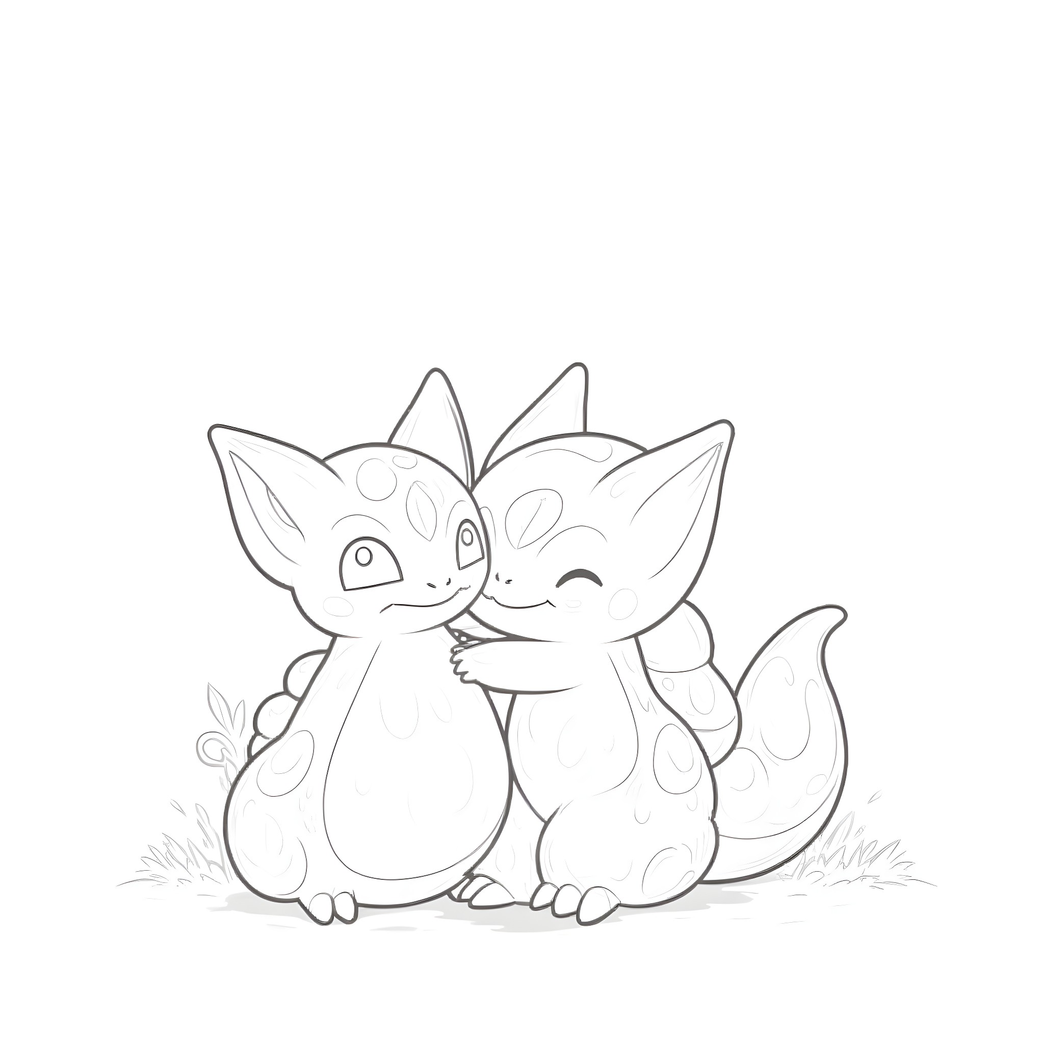 Bulbasaur Nuzzling with Friendships in Nature Coloring Page (free black-and-white line drawing printable PDF for all, from beginners to advanced learners, including children, teens, adults, and seniors)