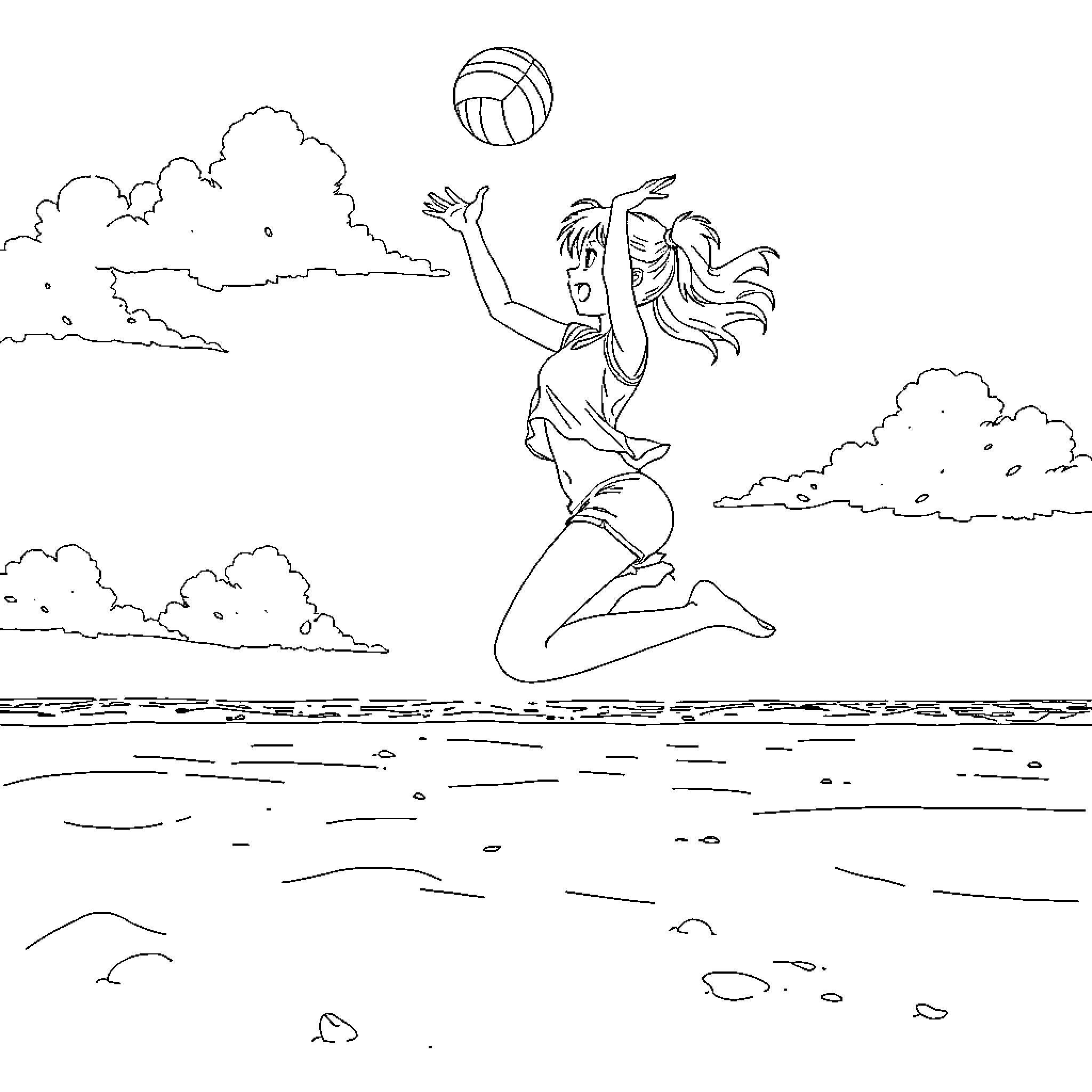 Anime Girl Jumping to Spike a Volleyball Coloring Page (free black-and-white line drawing printable PDF for all, from beginners to advanced learners, including children, teens, adults, and seniors)