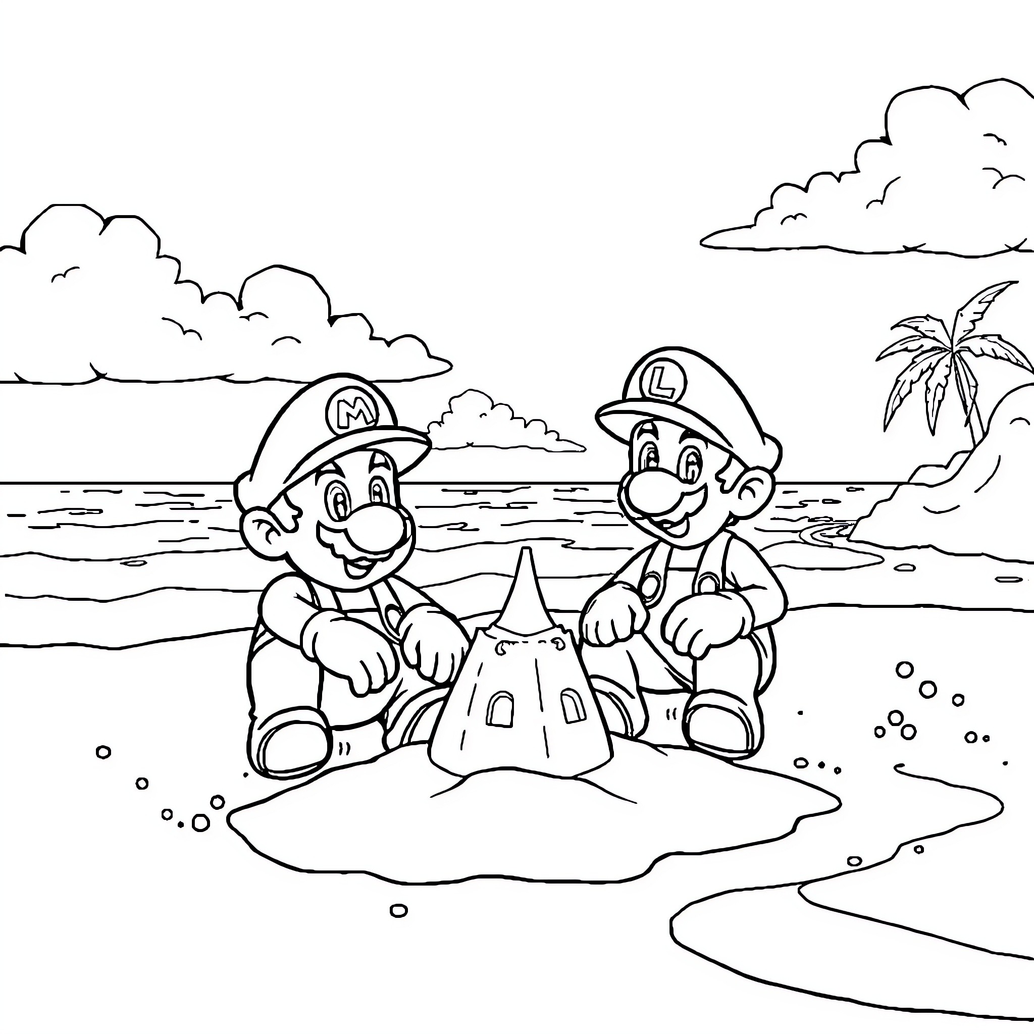 Mario and Luigi building a sandcastle on the beach Coloring Page (free black-and-white line drawing printable PDF for all, from beginners to advanced learners, including children, teens, adults, and seniors)