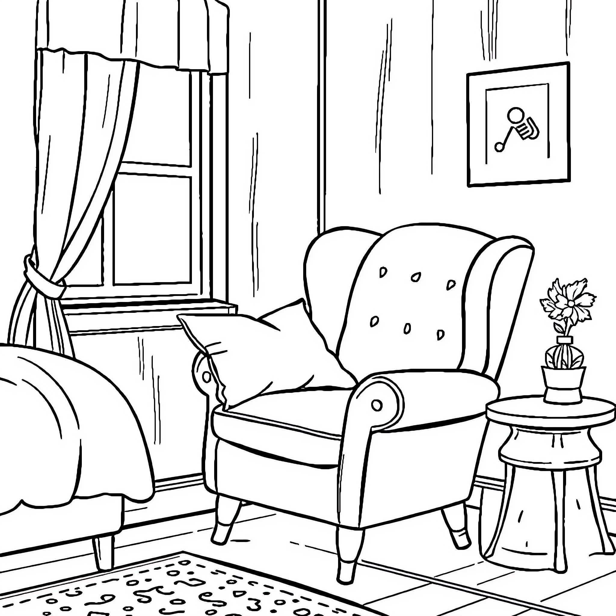 Chair in a cozy bedroom Coloring Page (free black-and-white line drawing printable PDF for all, from beginners to advanced learners, including children, teens, adults, and seniors)