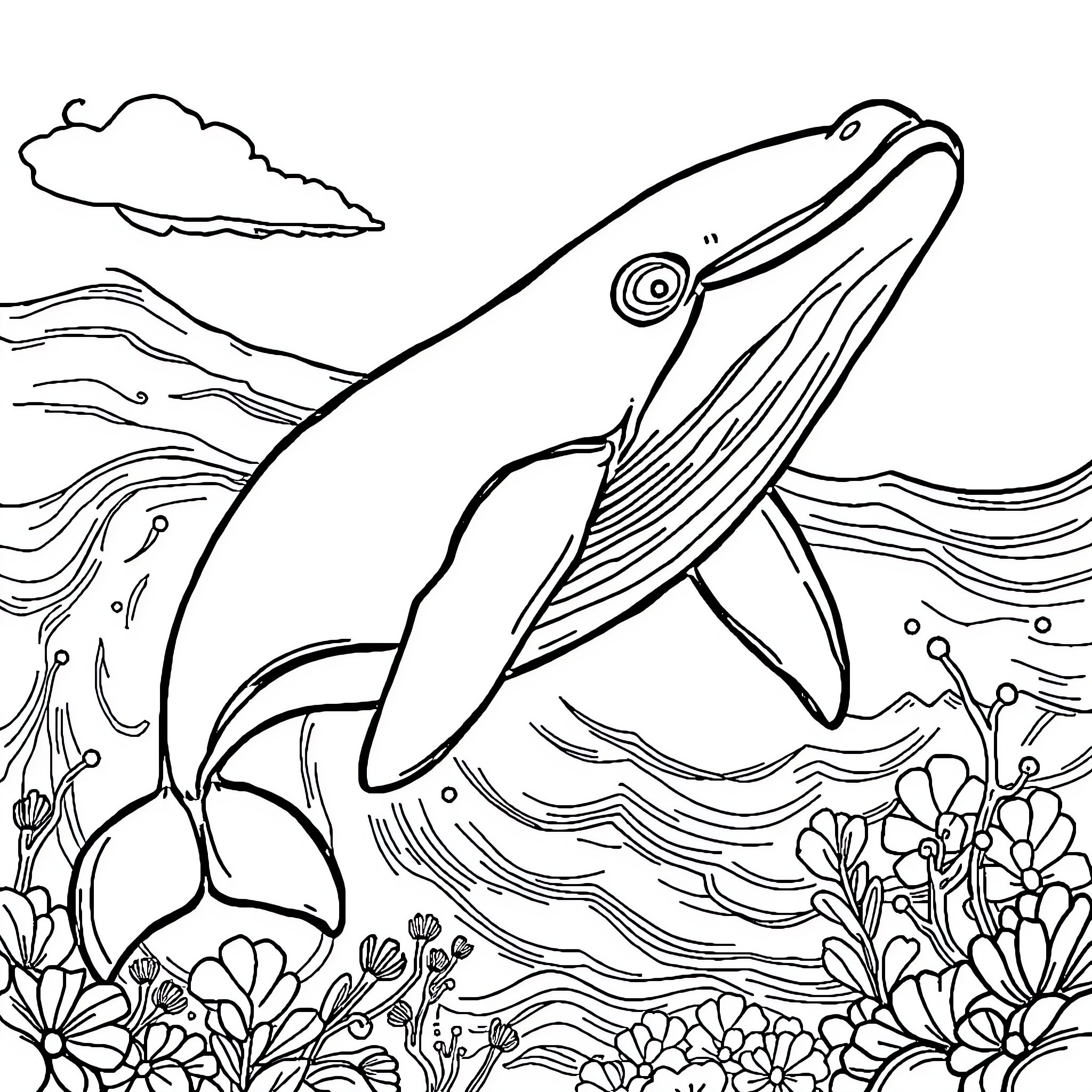 Whale Breaching Amidst Oceanic Flowers Coloring Page (free black-and-white line drawing printable PDF for all, from beginners to advanced learners, including children, teens, adults, and seniors)