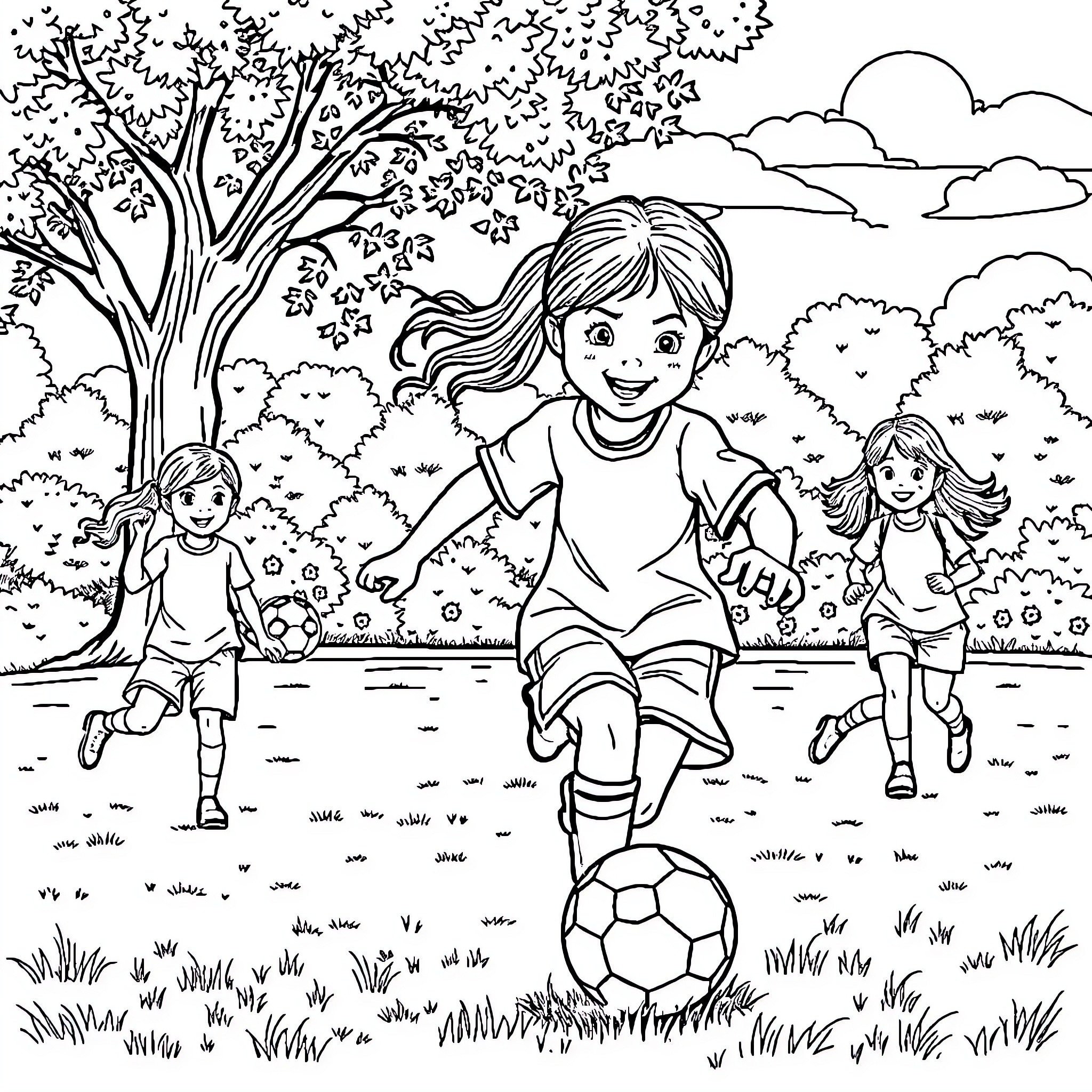 Girl playing soccer with friends in a park Coloring Page (free black-and-white line drawing printable PDF for all, from beginners to advanced learners, including children, teens, adults, and seniors)