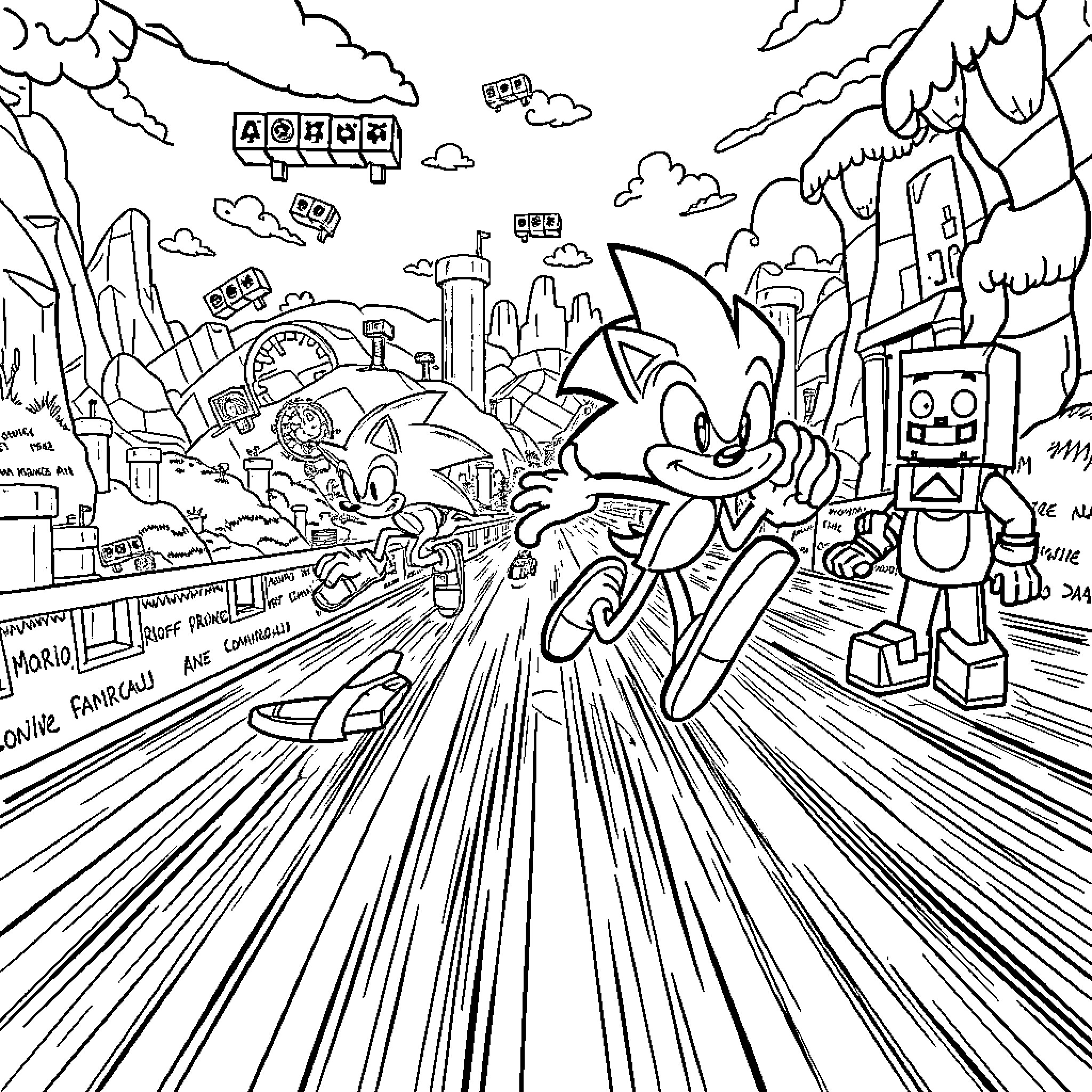 Road Runner racing through vibrant cartoon city Coloring Page (free black-and-white line drawing printable PDF for all, from beginners to advanced learners, including children, teens, adults, and seniors)