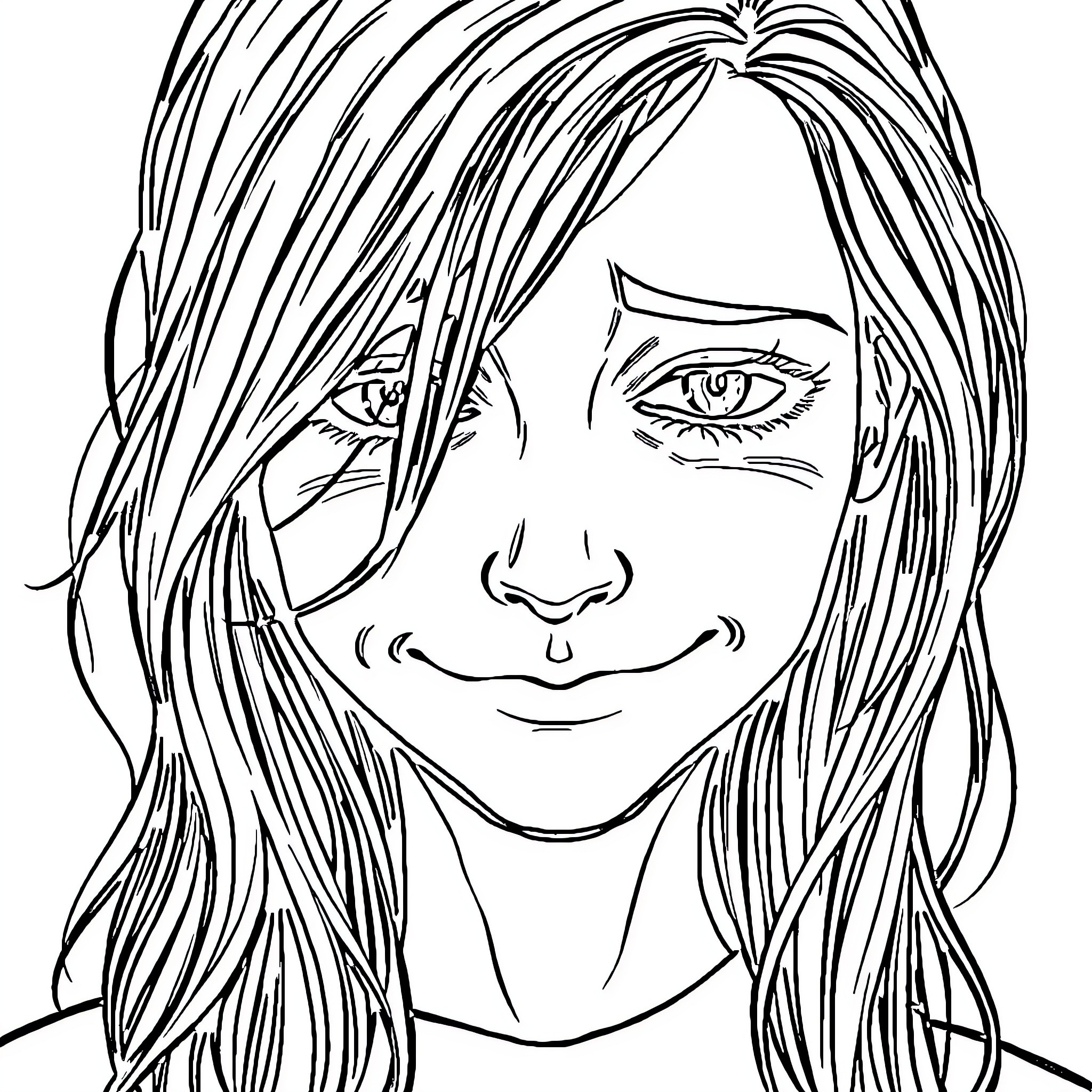 Sad Smile: Pensive Expression with Flowing Hair Coloring Page (free black-and-white line drawing printable PDF for all, from beginners to advanced learners, including children, teens, adults, and seniors)