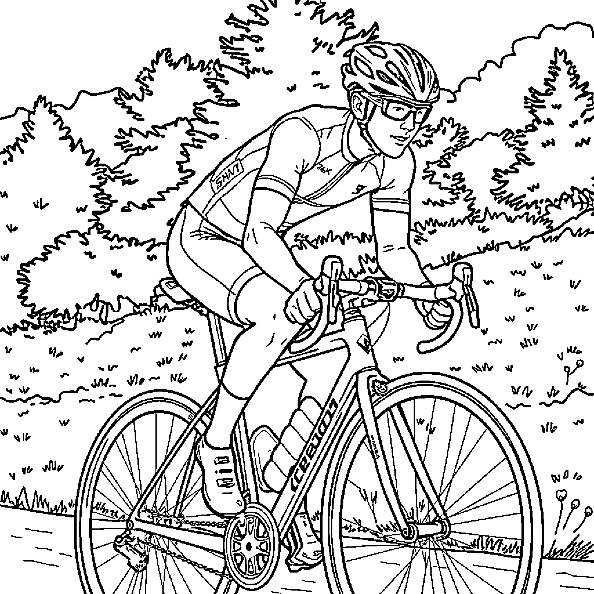 Pogacar riding a bicycle in the countryside Coloring Page (free black-and-white line drawing printable PDF for all, from beginners to advanced learners, including children, teens, adults, and seniors)