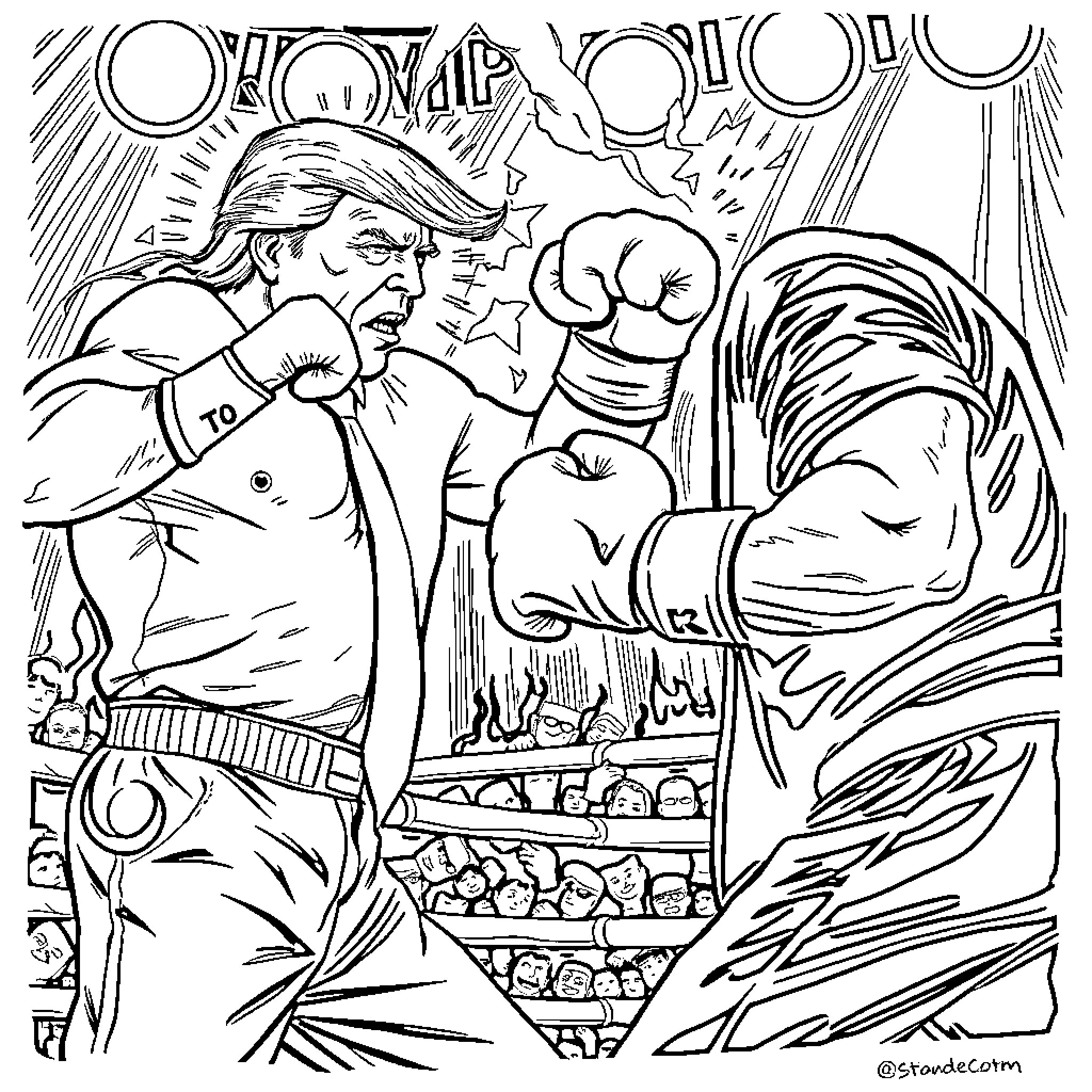 Trump Engaging in Aggressive Behavior in Dramatic Scene Coloring Page (free black-and-white line drawing printable PDF for all, from beginners to advanced learners, including children, teens, adults, and seniors)