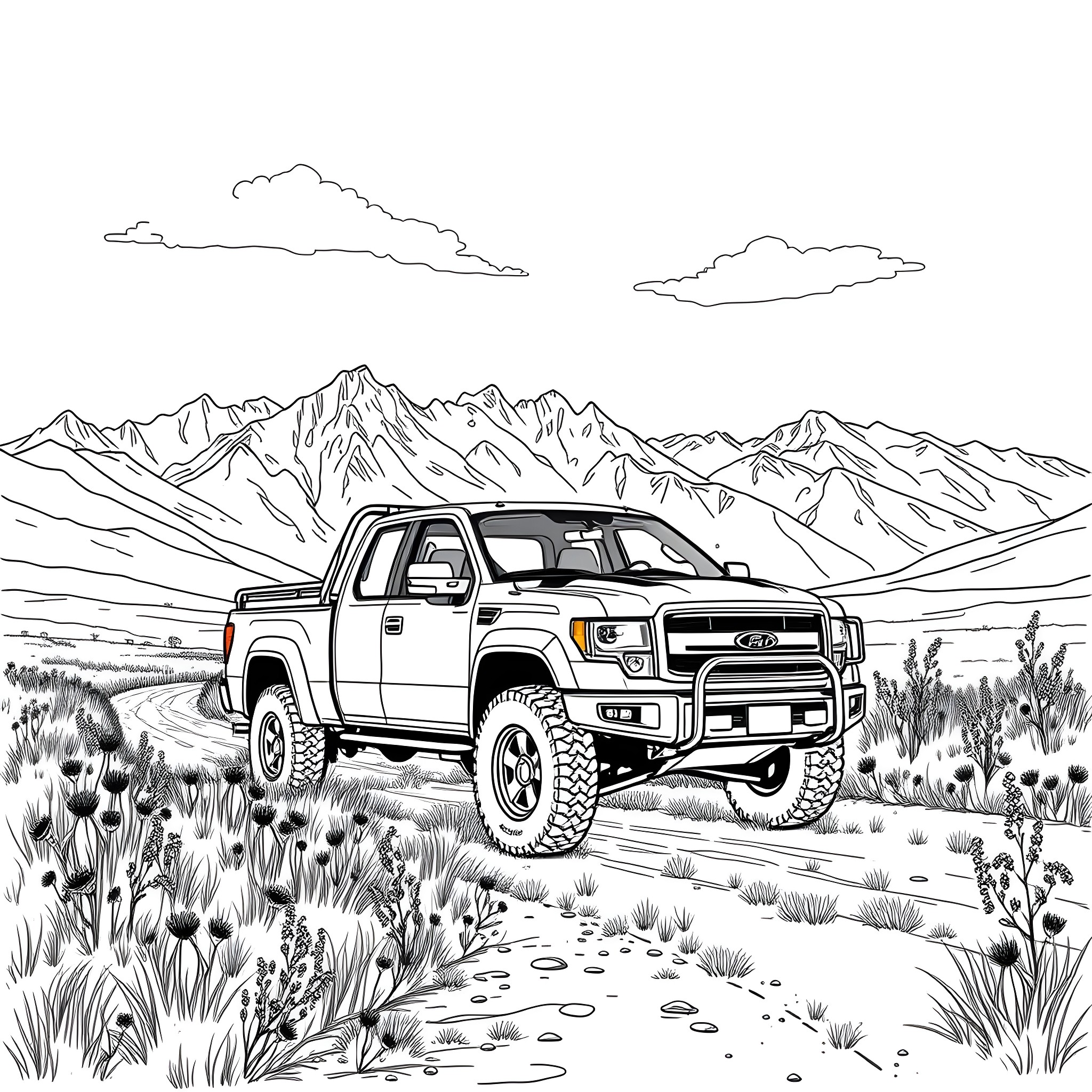 Pick Up Truck Navigating Rugged Mountainous Terrain Coloring Page (free black-and-white line drawing printable PDF for all, from beginners to advanced learners, including children, teens, adults, and seniors)