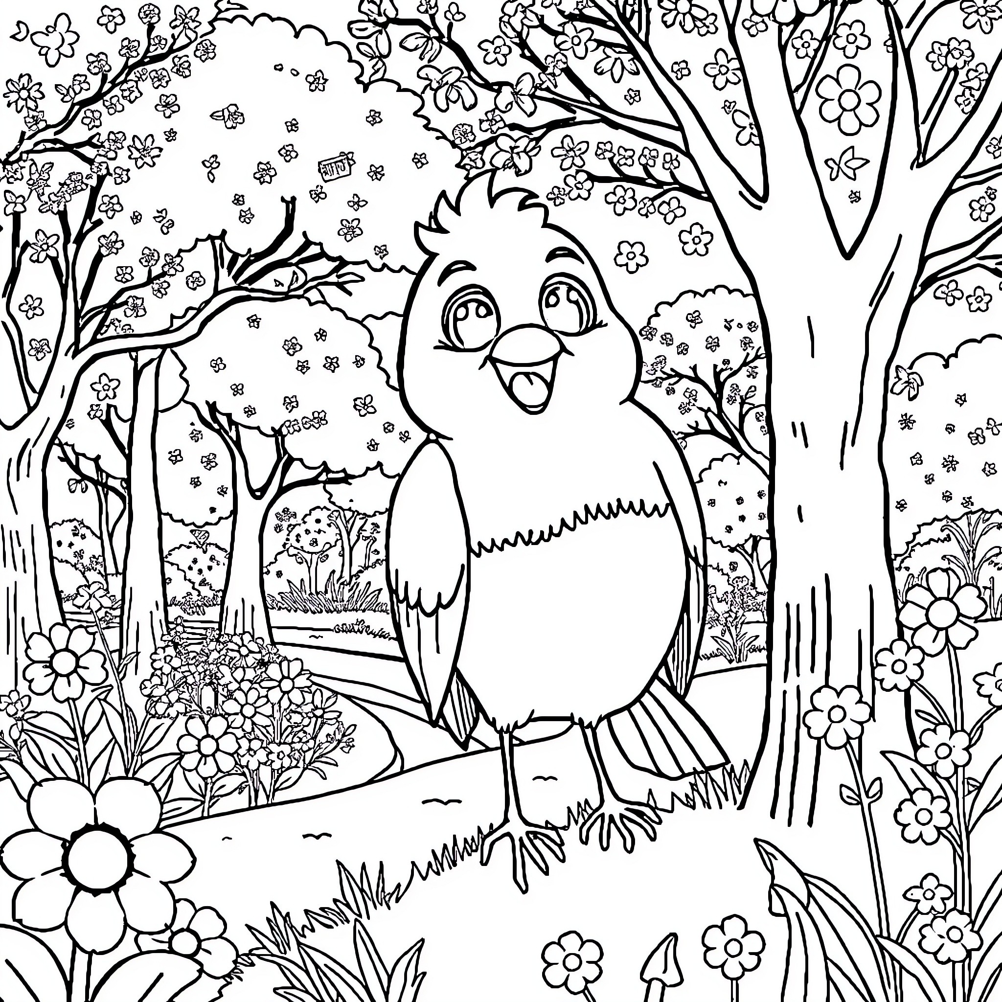 Globi the Curious Bird in a Whimsical Forest Coloring Page (free black-and-white line drawing printable PDF for all, from beginners to advanced learners, including children, teens, adults, and seniors)