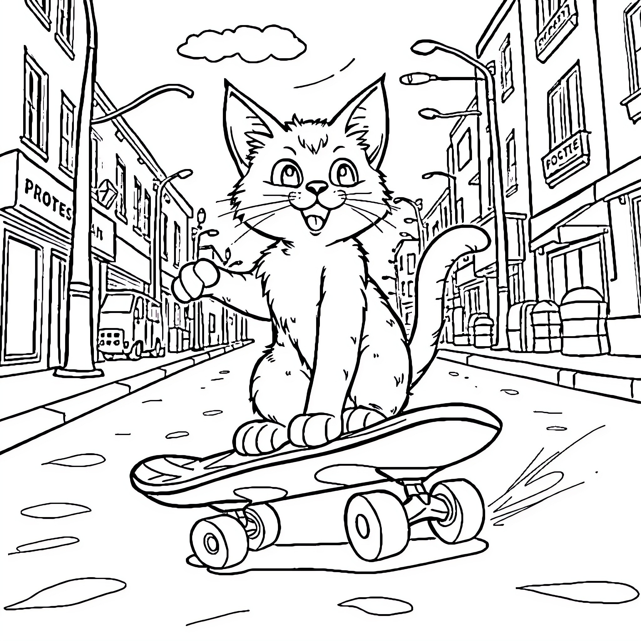 Cat riding a skateboard through the city Coloring Page (free black-and-white line drawing printable PDF for all, from beginners to advanced learners, including children, teens, adults, and seniors)
