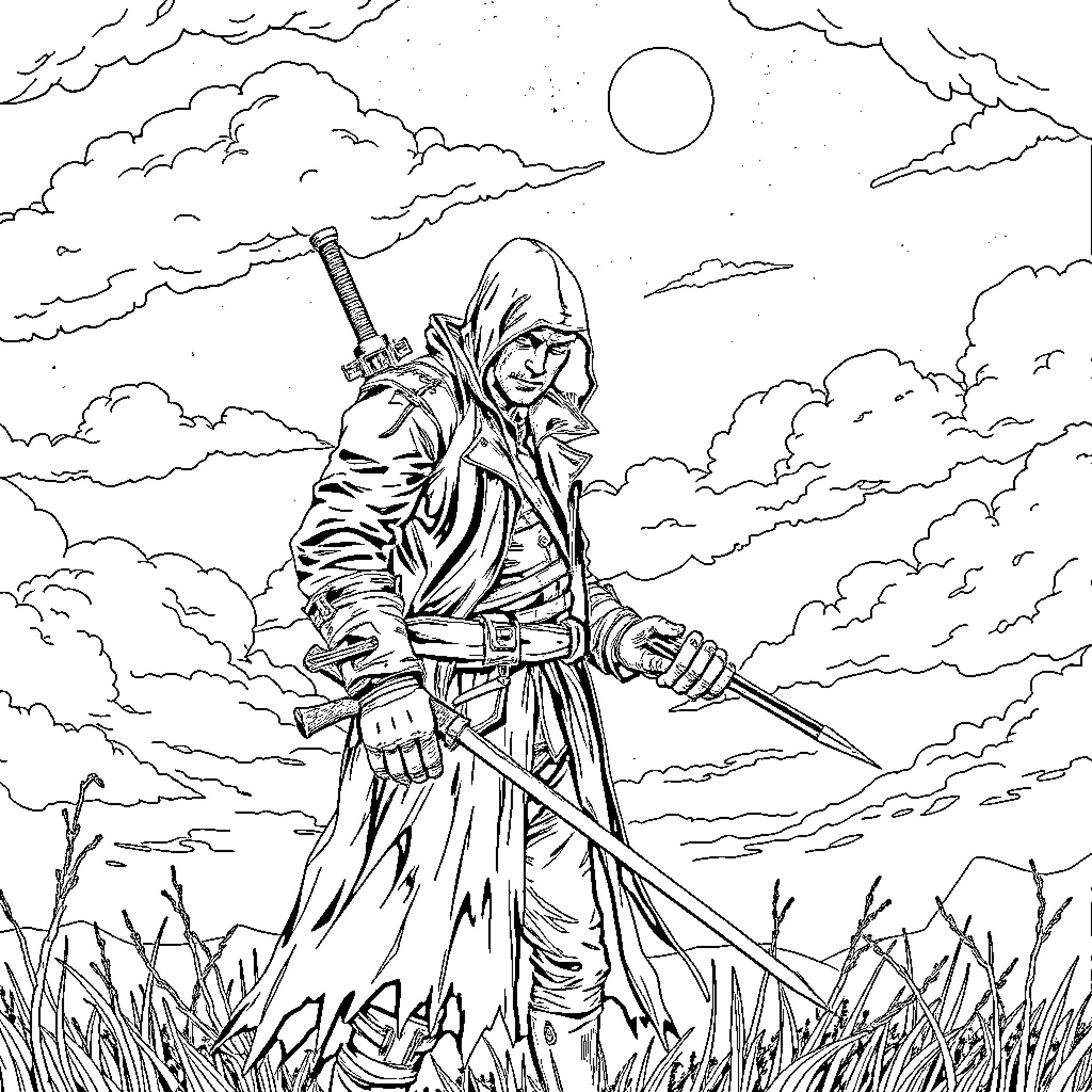 Hunter stalking through the wilderness Coloring Page (free black-and-white line drawing printable PDF for all, from beginners to advanced learners, including children, teens, adults, and seniors)