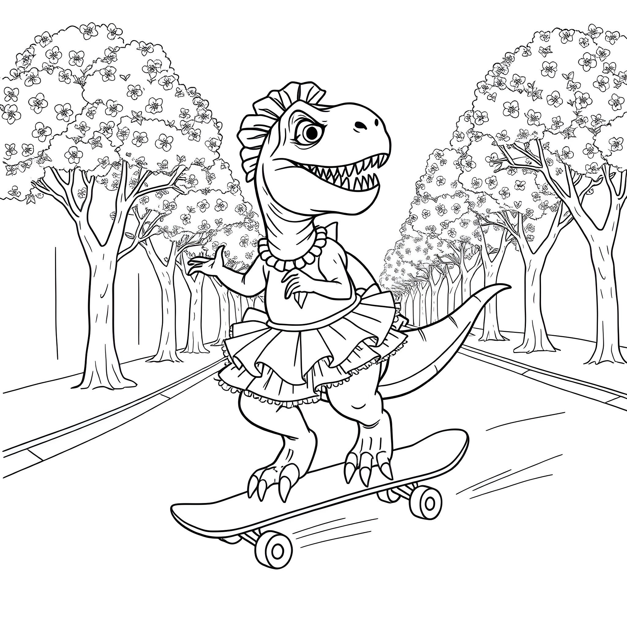 T-Rex playing skateboard in the forest Coloring Page (free black-and-white line drawing printable PDF for all, from beginners to advanced learners, including children, teens, adults, and seniors)