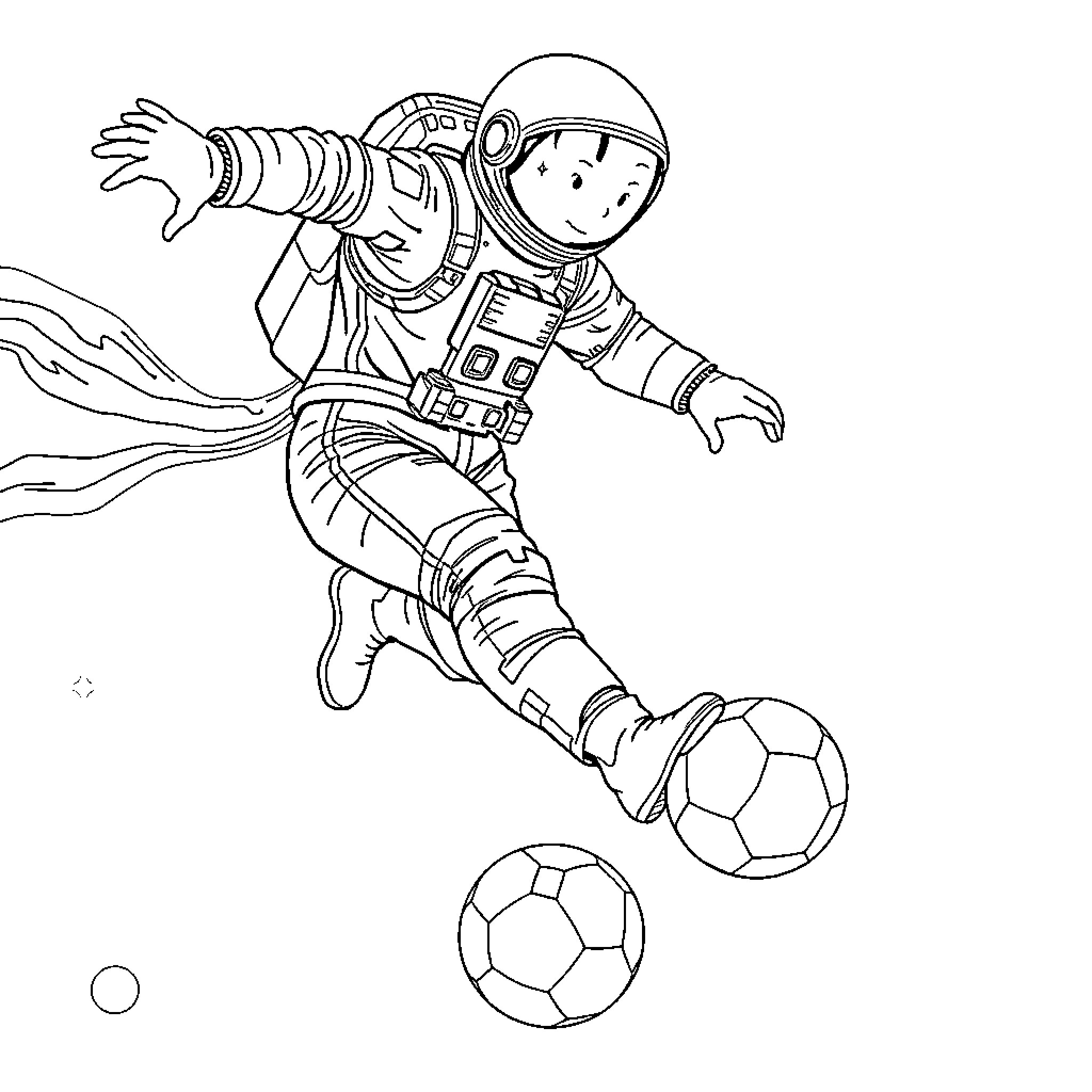 Astronaut playing soccer in space Coloring Page (free black-and-white line drawing printable PDF for all, from beginners to advanced learners, including children, teens, adults, and seniors)