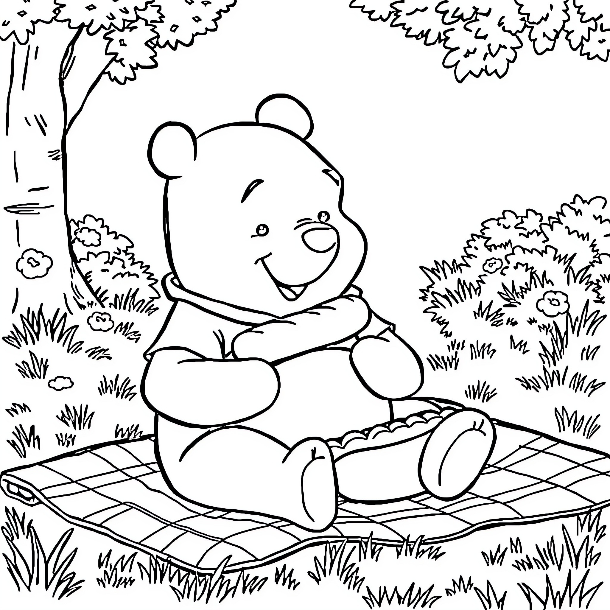 Winnie The Pooh Enjoying a Picnic in the Park Coloring Page (free black-and-white line drawing printable PDF for all, from beginners to advanced learners, including children, teens, adults, and seniors)